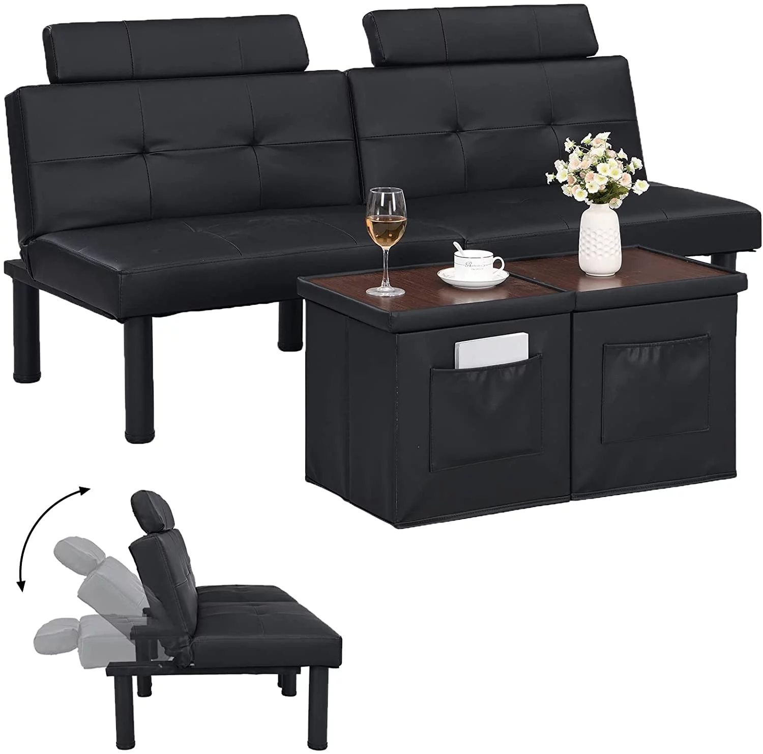 IPKIG Convertible Futon Sofa Bed with Two Storage Ottoman/Coffee Table, Folding Loveseat Sleeper, Small Futon Couch for Compact Living Space, Apartment, Dorm, Bedroom, 3 Angles/Metal Legs (Black)