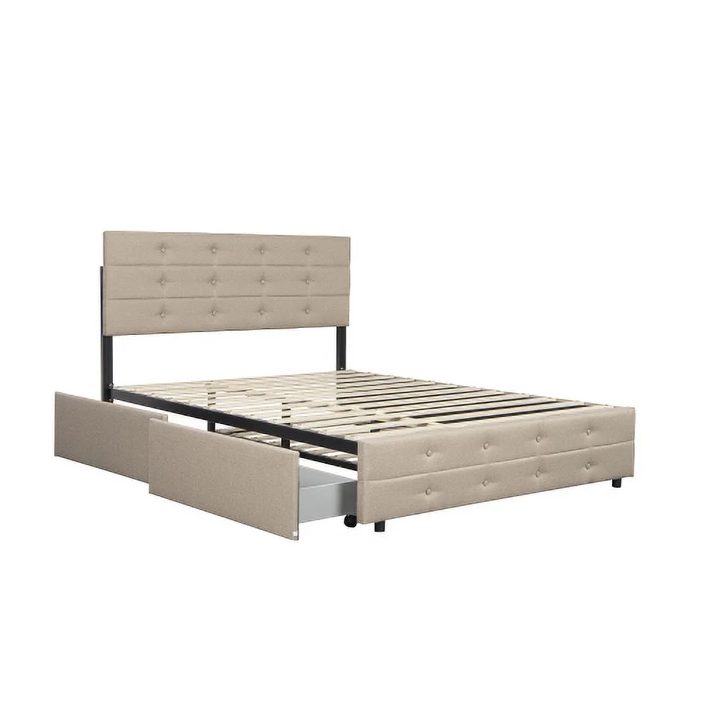 Queen Size Upholstered Linen Fabric Trundle Bed Light Beige 3 Drawers Storage Space