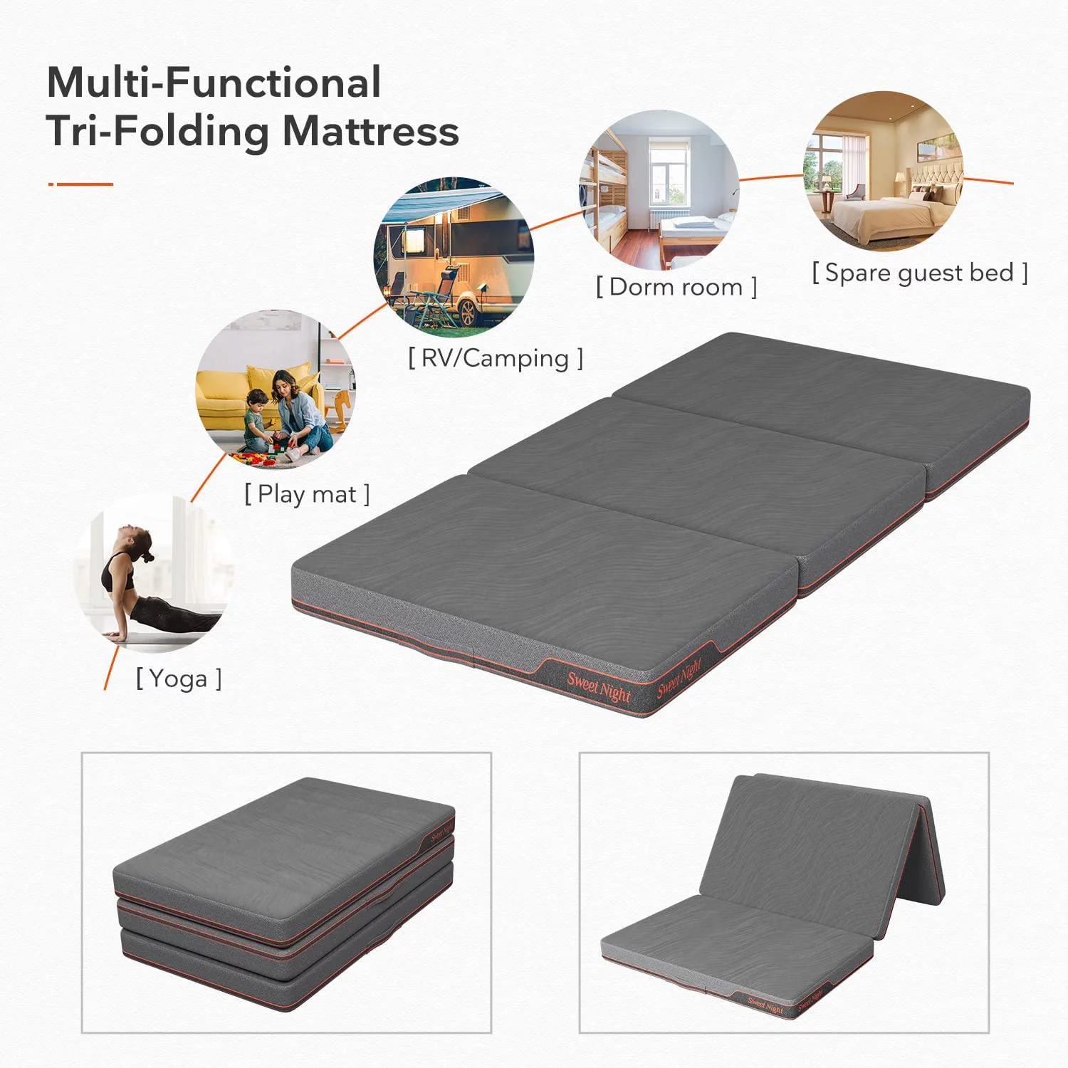 OUWI Folding Mattress Full Size with Carry Bag, 4-Inch Foldable for Travel, Camping, Guest - Breathable Mesh Sides & Portable - Compact and Easy to Storage Grey