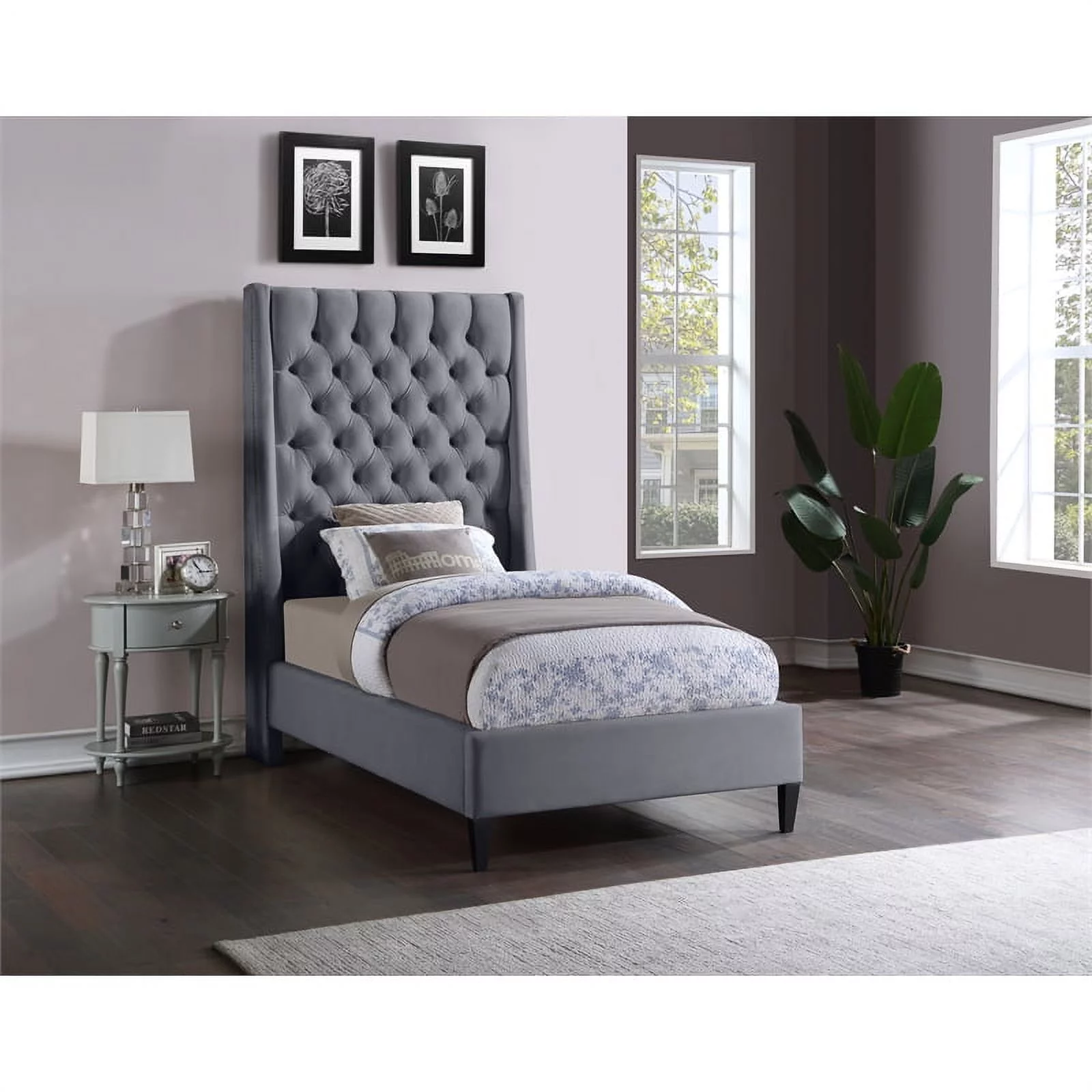 Meridian Furniture Fritz Gray Velvet Twin Bed
