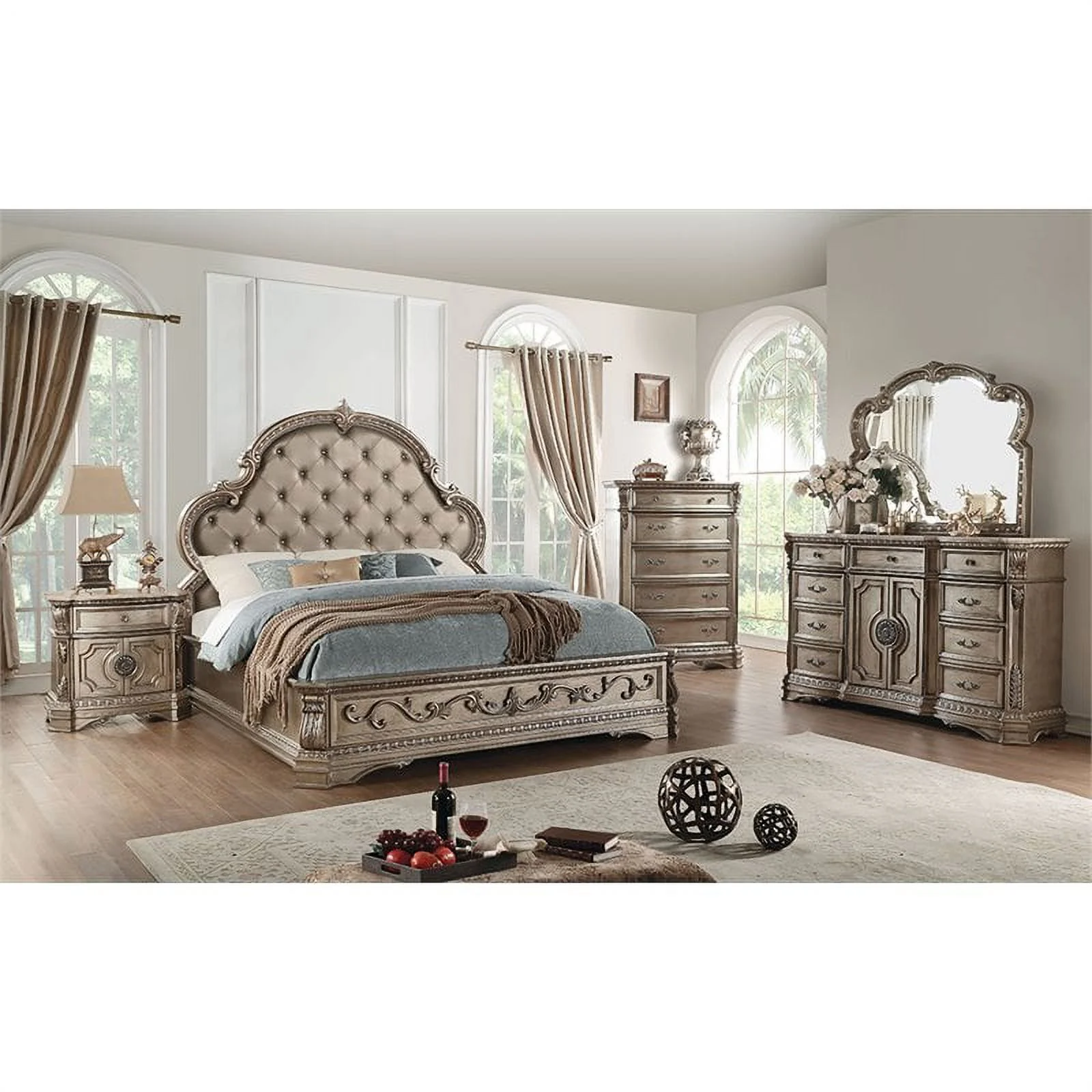 Bowery Hill Traditional Faux Leather Tufted King Panel Bed in Mahogany