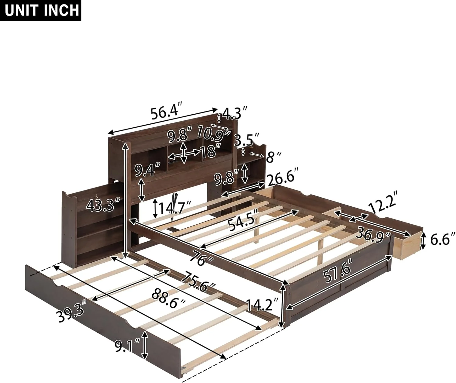Full Size Storage Bed With Bookcase Headboard Ad Trudle, Wood Platform Bed Frame With Chargig Statio, Pull Out Shelves Ad Drawers For Kids Tees Adults, o Box Sprig eeded, Espresso