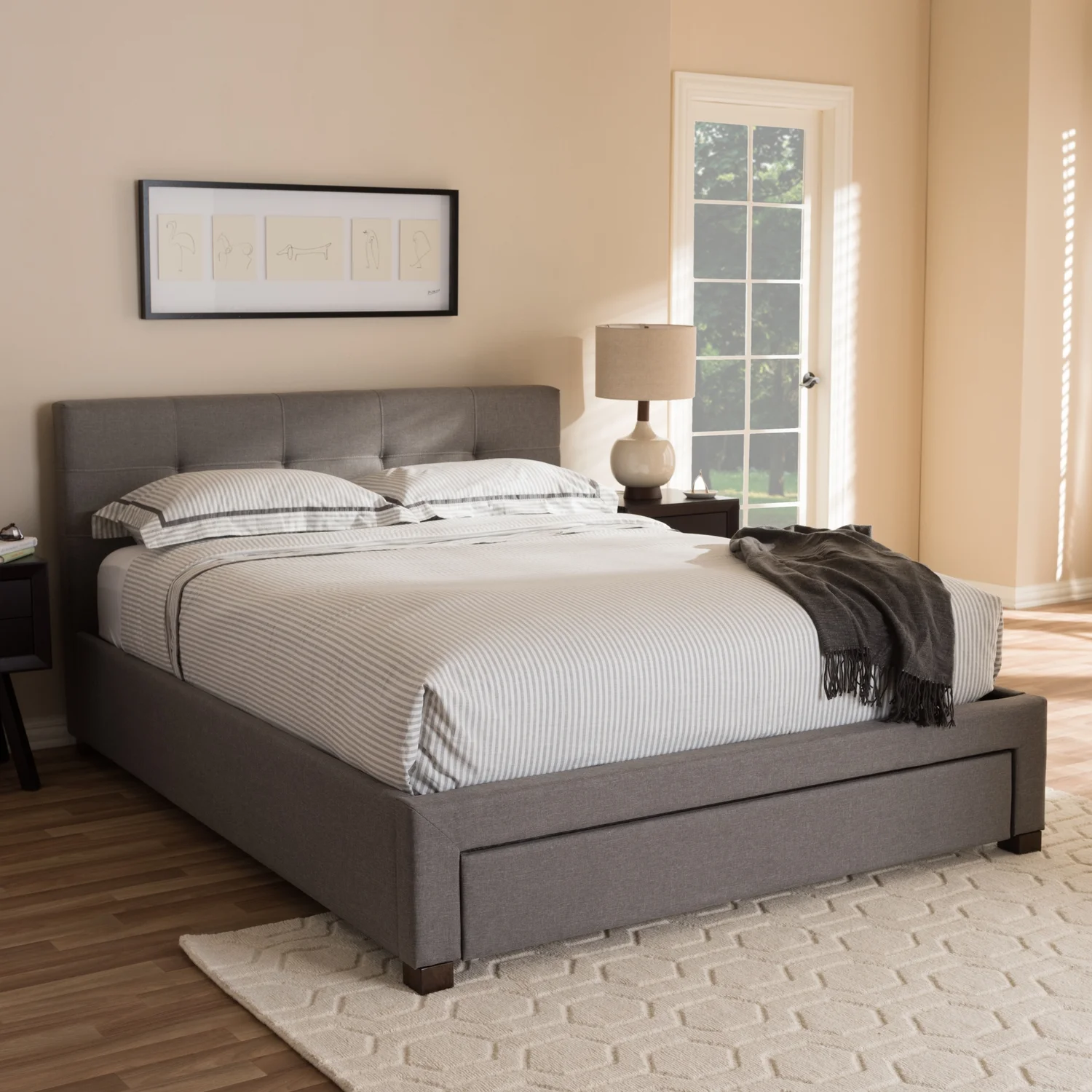 Baxton Studio Brandy Modern and Contemporary Grey Fabric Upholstered Platform Bed with Storage Drawer, Multiple Sizes