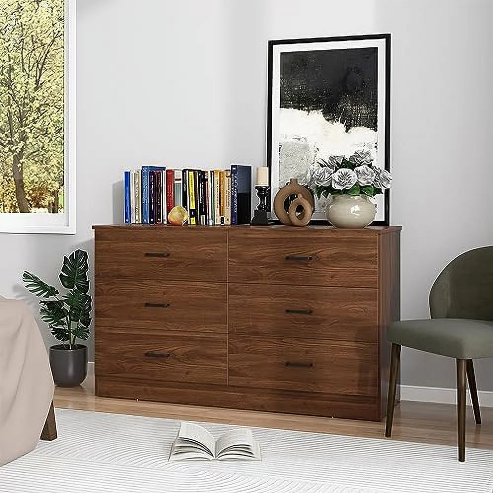 HBBOOMLIFE 6 Drawer Wood Dresser Wide Chest of Drawers Bedroom Clothes and Organizer 15.8" D x 47.2" W x 27.7" H Walnut Brown