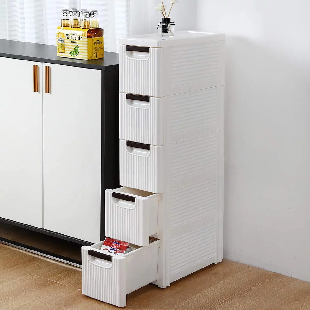 Bathroom Storage Cabinet,Narrow Rolling Chest of Drawers,Plastic 5-Drawer Storage Cart on Wheels,Standing Shelf Units for Bathroom Bedroom
