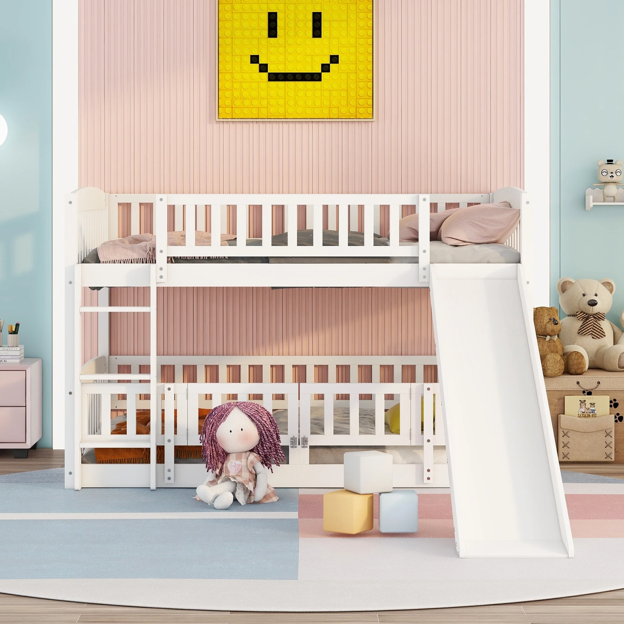 Nestfair Full Over Full Low Bunk Bed with Fence and Ladder White