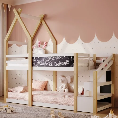 Wooden Twin over Twin Bunk Bed, Loft Bed White Storage Staircase and 1 Blackboard, Farmhouse, Ladder & Guardrails for Kids, Toddlers, Boys & Girls, Suitable for Bedroom, Apartment