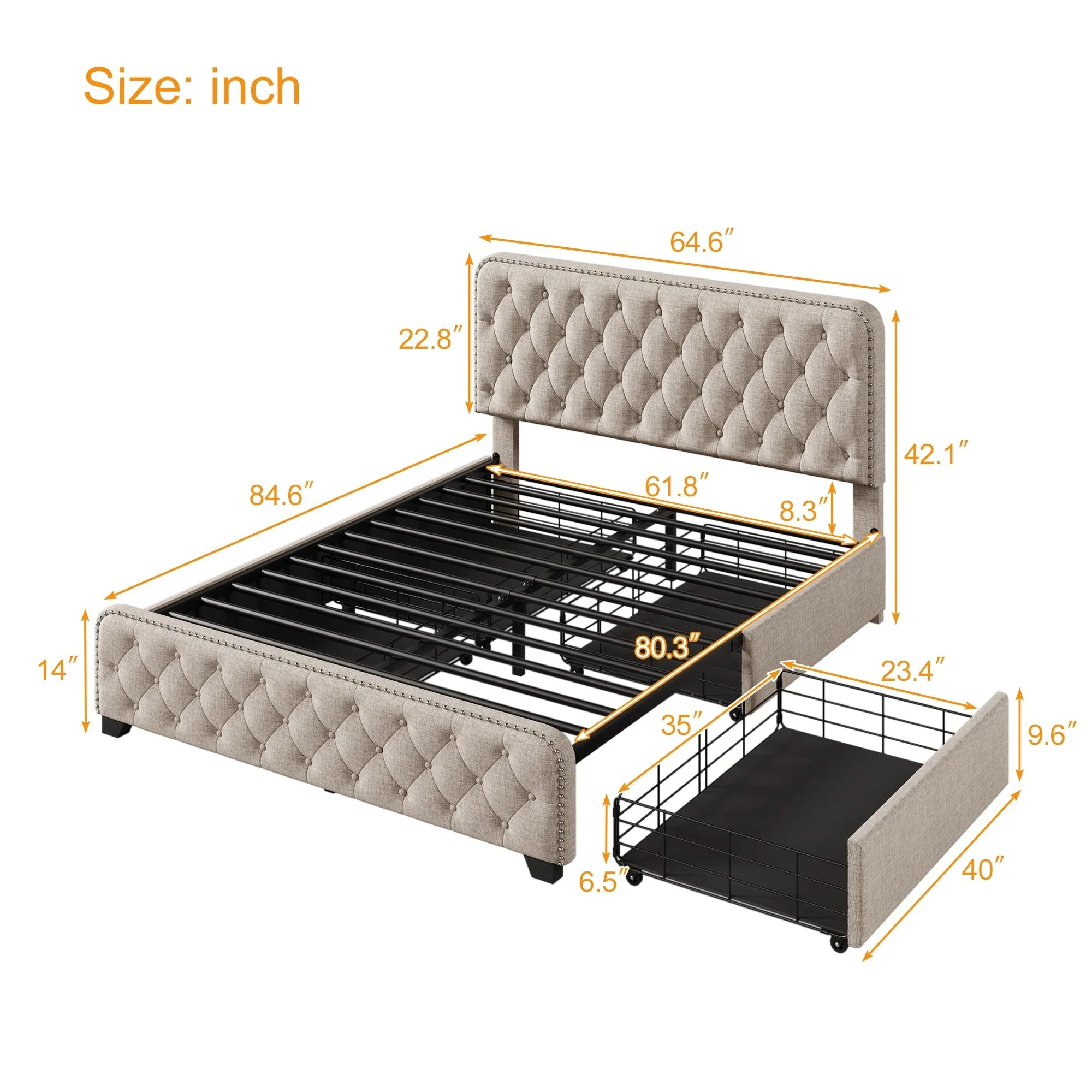 Upholstered Platform Bed Frame with 4 Drawers, Button Tufted Headboard & Footboard Beige - Queen