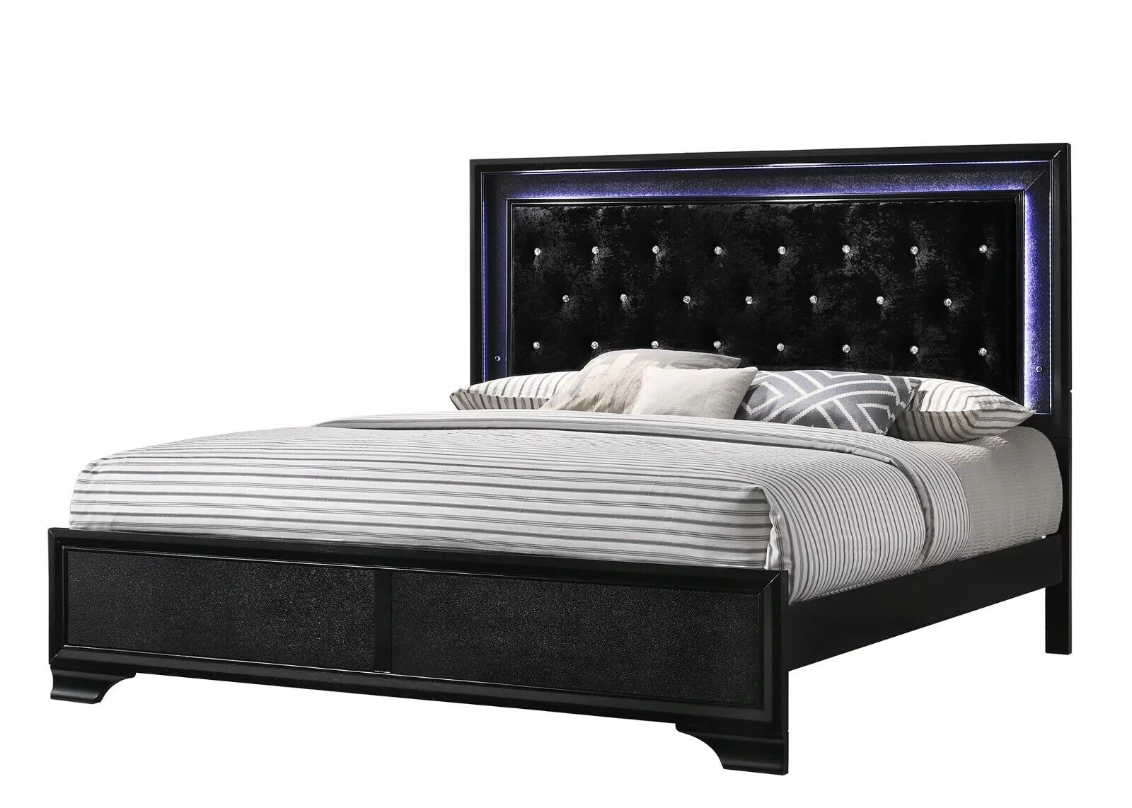 3pc Modern Glam Style King Size Upholstery LED Bed and Nightstands Bedroom Set Wooden Furniture Black