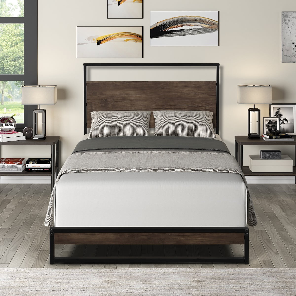 Twin metal Queen Bed Frame with Headboard and Wood Slats for Kids Adults