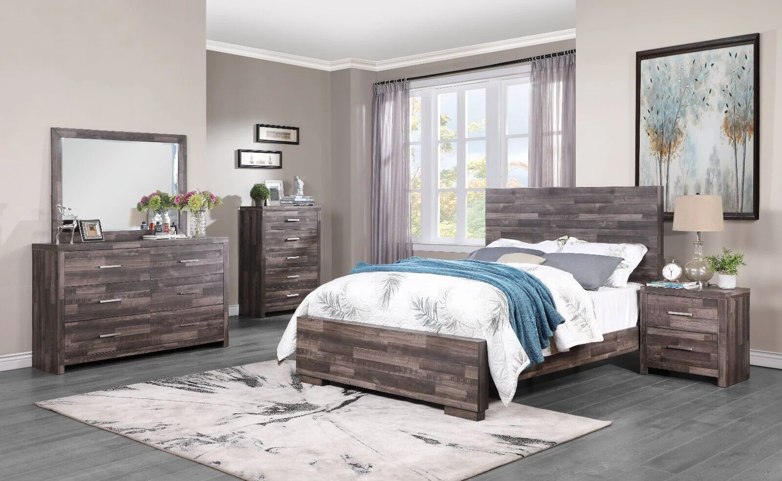 Contemporary Bedroom 4pc Set Queen Bed Nightstand Dresser Mirror Plank Pattern Design Furniture