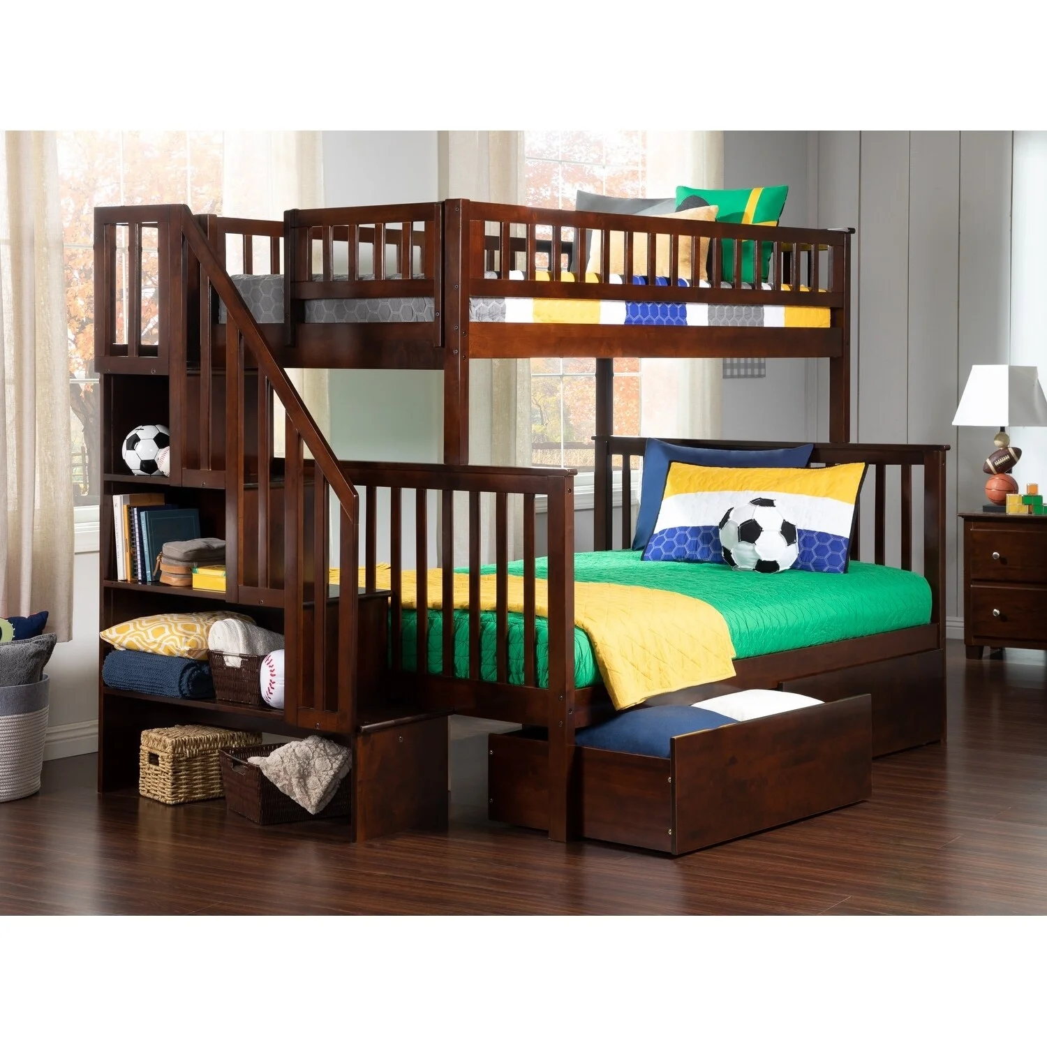AFI Woodland Staircase Bunk Bed Twin over Full with 2 Drawers in Walnut