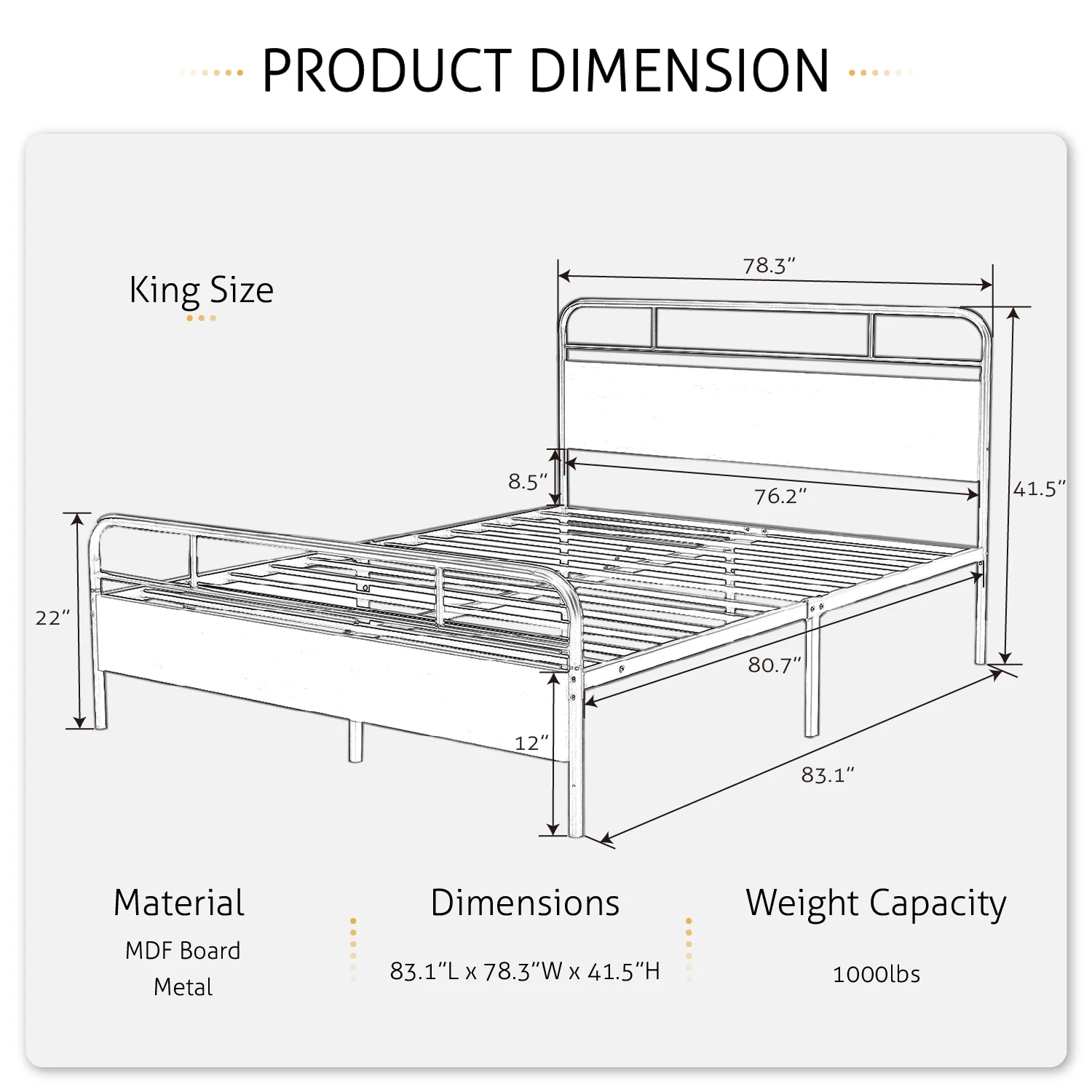 Allewie Walnut King Size Bed Frame with Wooden Headboard, Vintage Metal Platform Bed