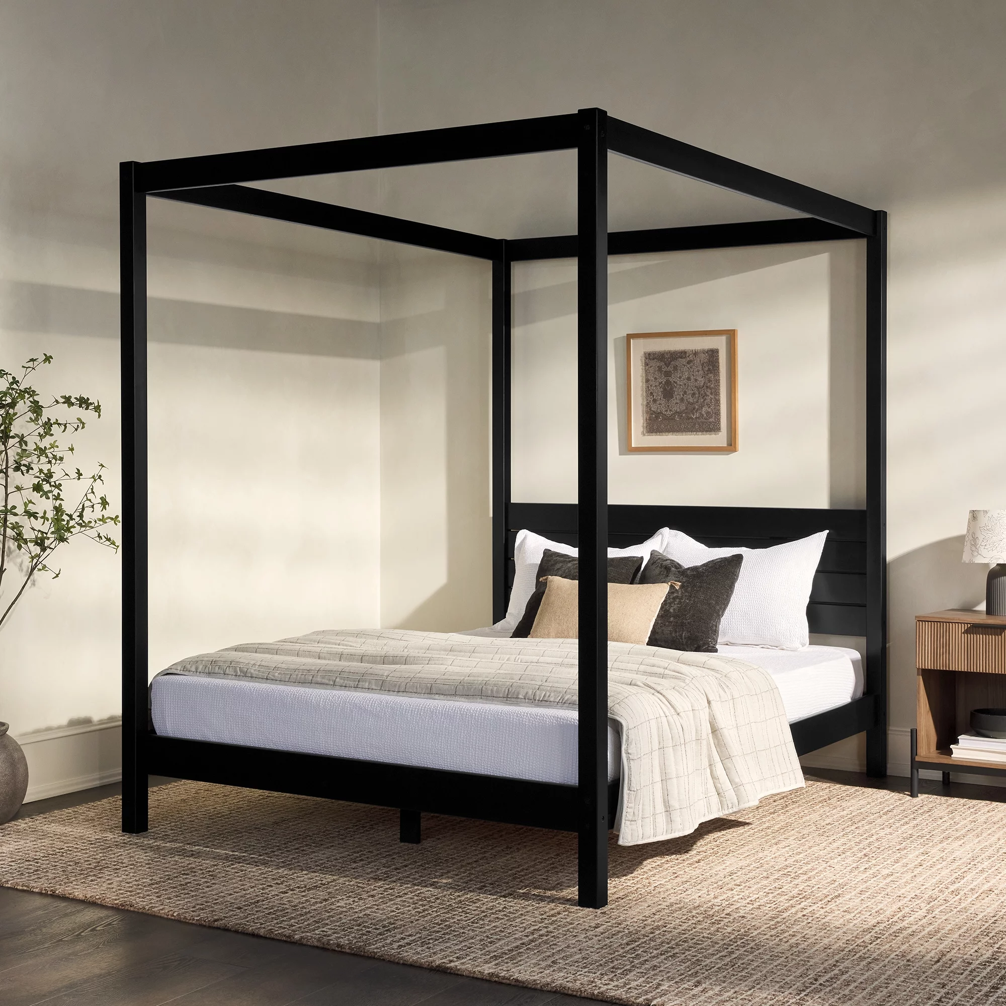 Walker Edison Minimalist Slatted Wood Queen Canopy Bedframe, Black