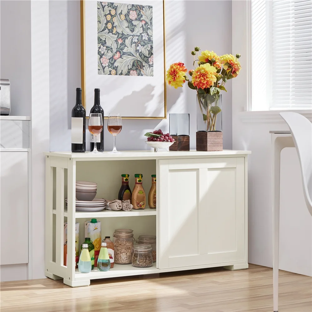 Easyfashion Sideboard Buffet Cabinet with Storage Sliding Door, White