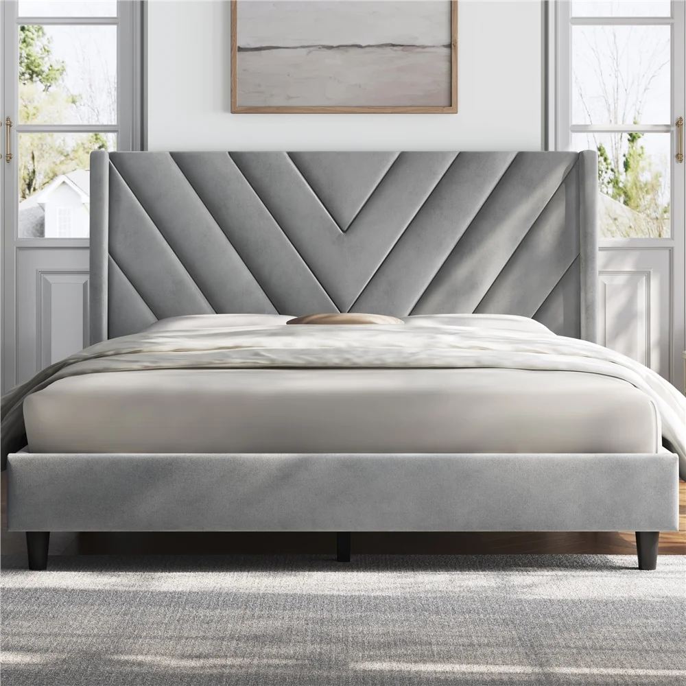 Yaheetech Upholstered Platform Bed Frame with Wooden Slat Support,Queen,Light Gray
