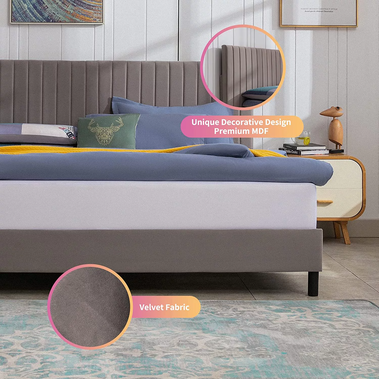 Mixoy King Size Platform Bed Frame with Adjustable High Headboard, Upholstered Velvet King Bed Frame with Solid Support,No Box Spring Needed,Easy Assembly(Light Grey,King)