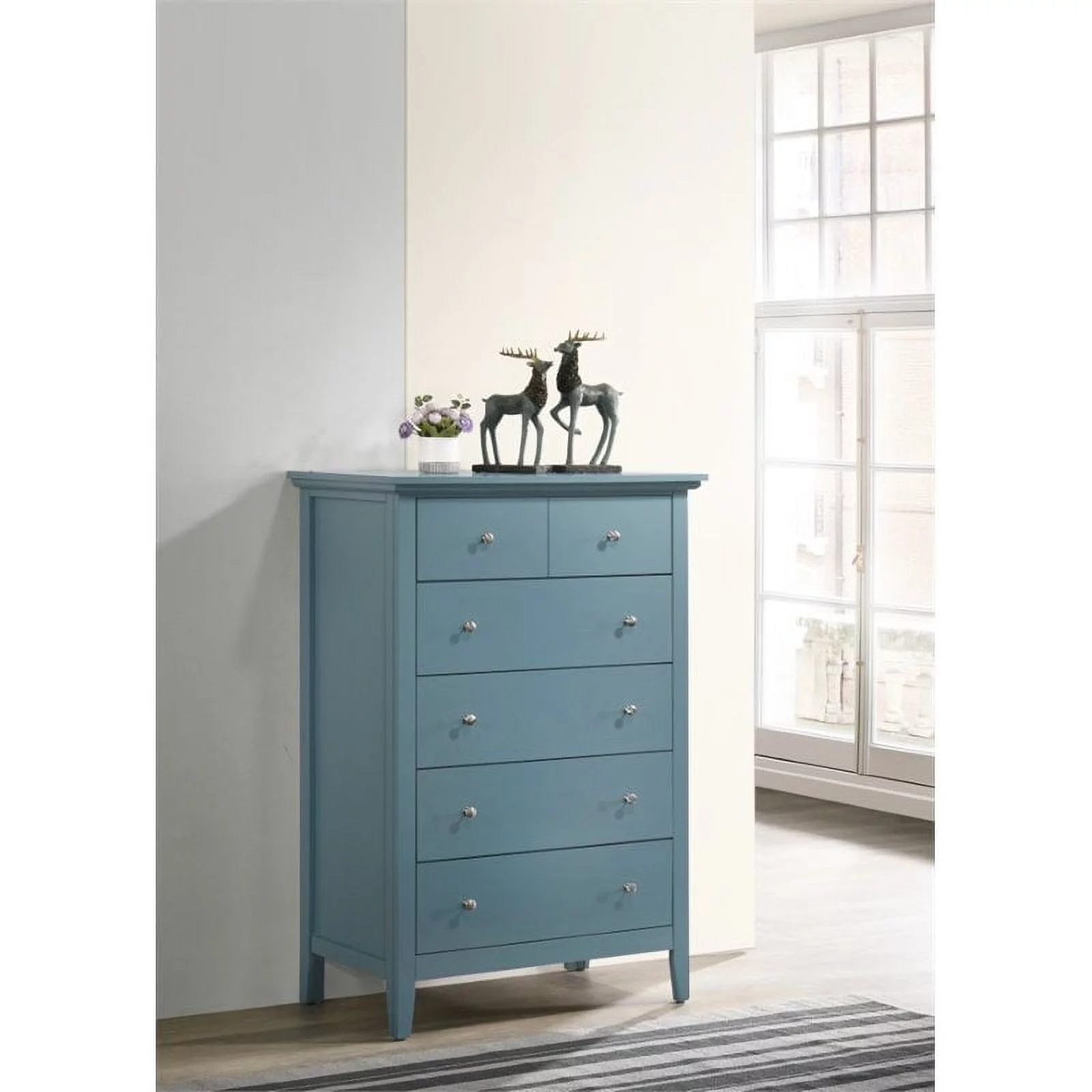 Maklaine Engineered Wood 5 Drawer Bedroom Chest in Teal Finish