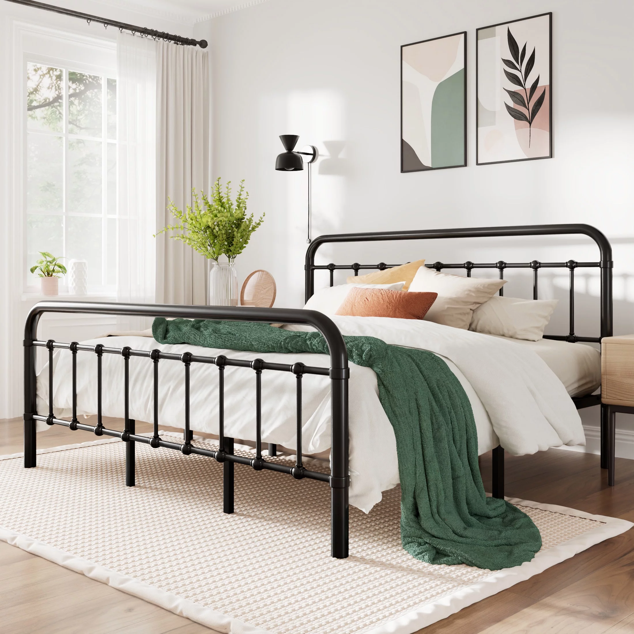 Amolife King Size Metal Platform Bed Frame with Vintage Headboard&Footboard, Black