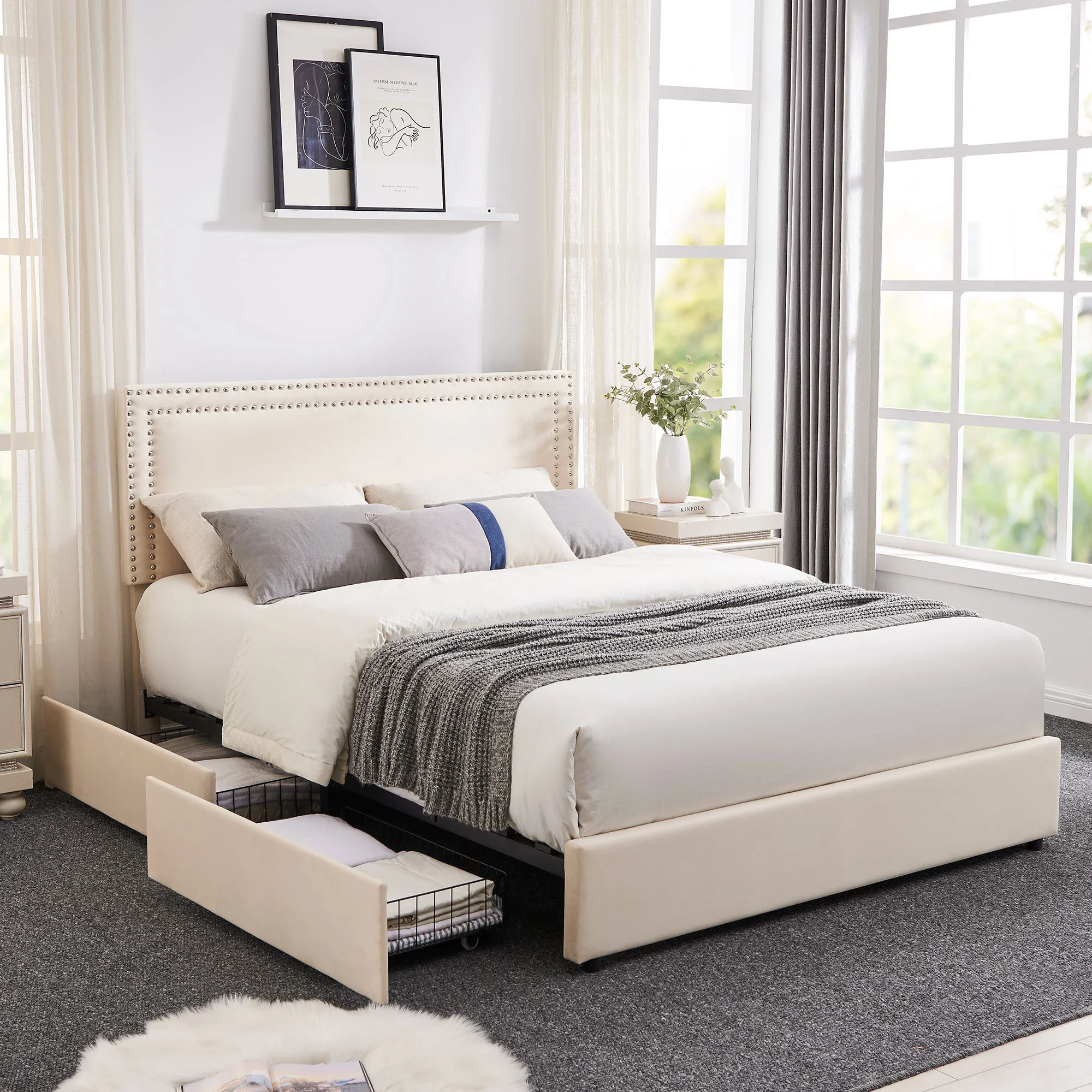 VECELO Queen Bed Frame with 4 Storage Drawers (Wheeled) and Tufted Upholstered Adjustable Headboard Platform Bed, Dark Gray