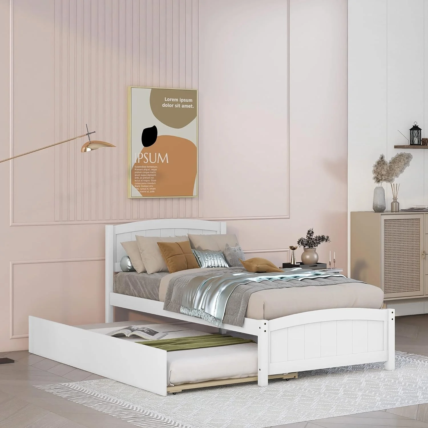 Platform Bed With Trundle, Solid Wood Daybed Sofa Bed Frame For Kids Teens Guests Bedroom Living Room Furniture, No Box Spring Needed ( Size, White)