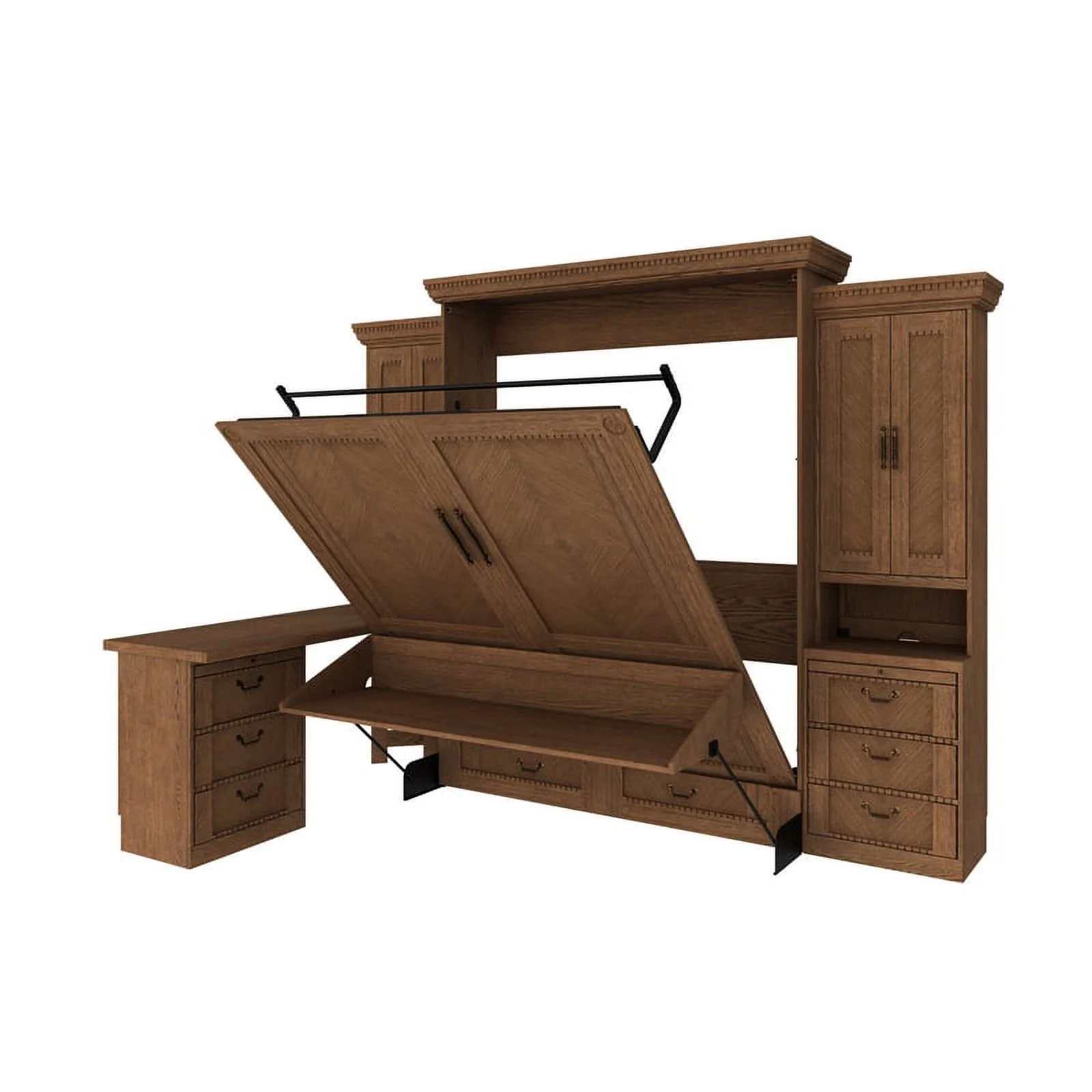 RoomAndLoft Queen Wood Murphy Wall Desk Bed & 2 Shelf Storage Units in Brown