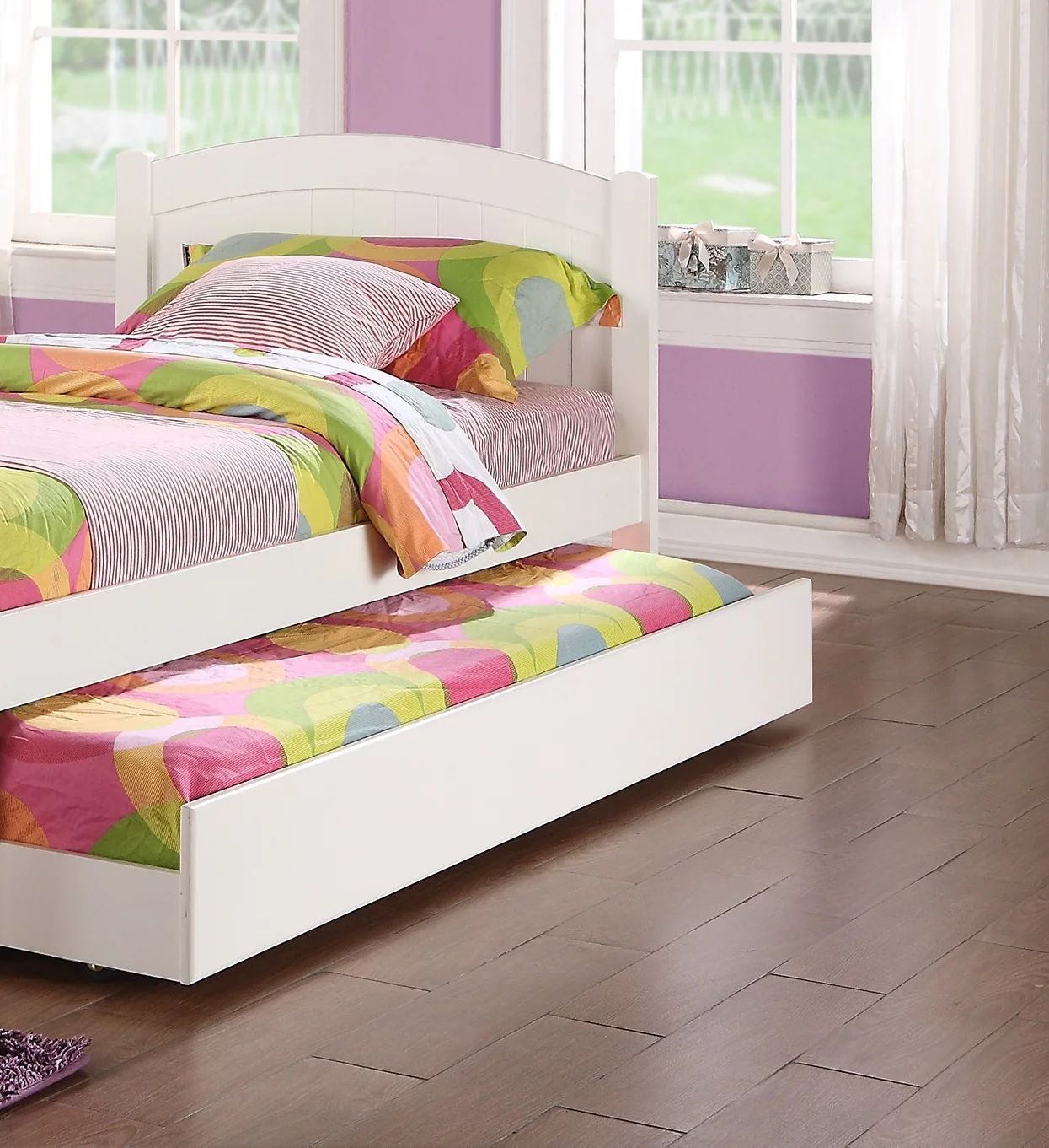 Dcenta Twin Size Bed w/ Trundle Slats White Pine Plywood Kids Youth Bedroom Furniture