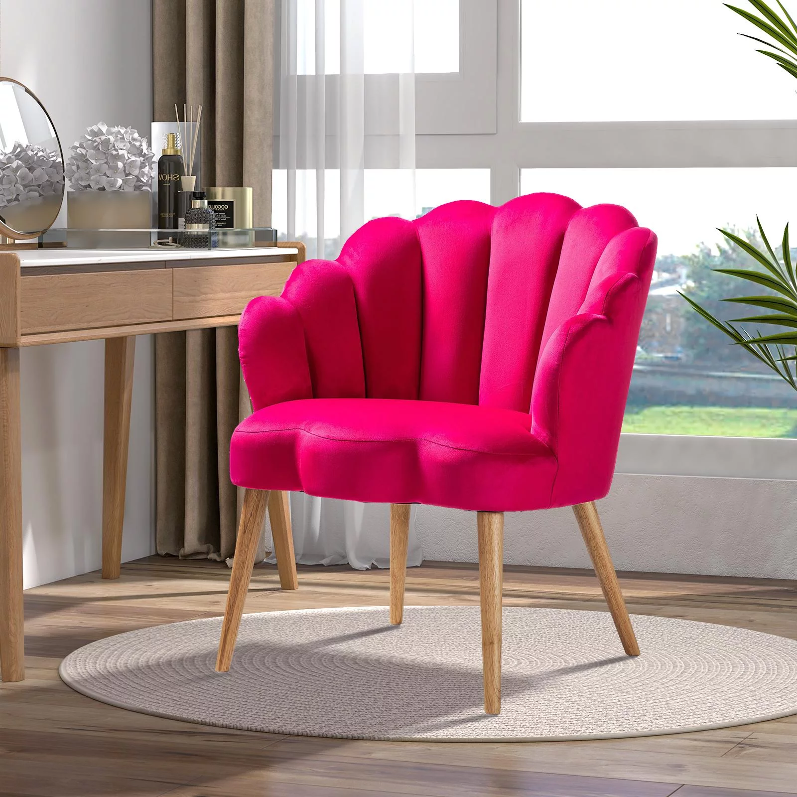 Makeup Vanity Table Chair Velvet Upholstery Accent Armchair Tufted Solid Wood Legs Home Kitchen Office Living Bedroom Fushia