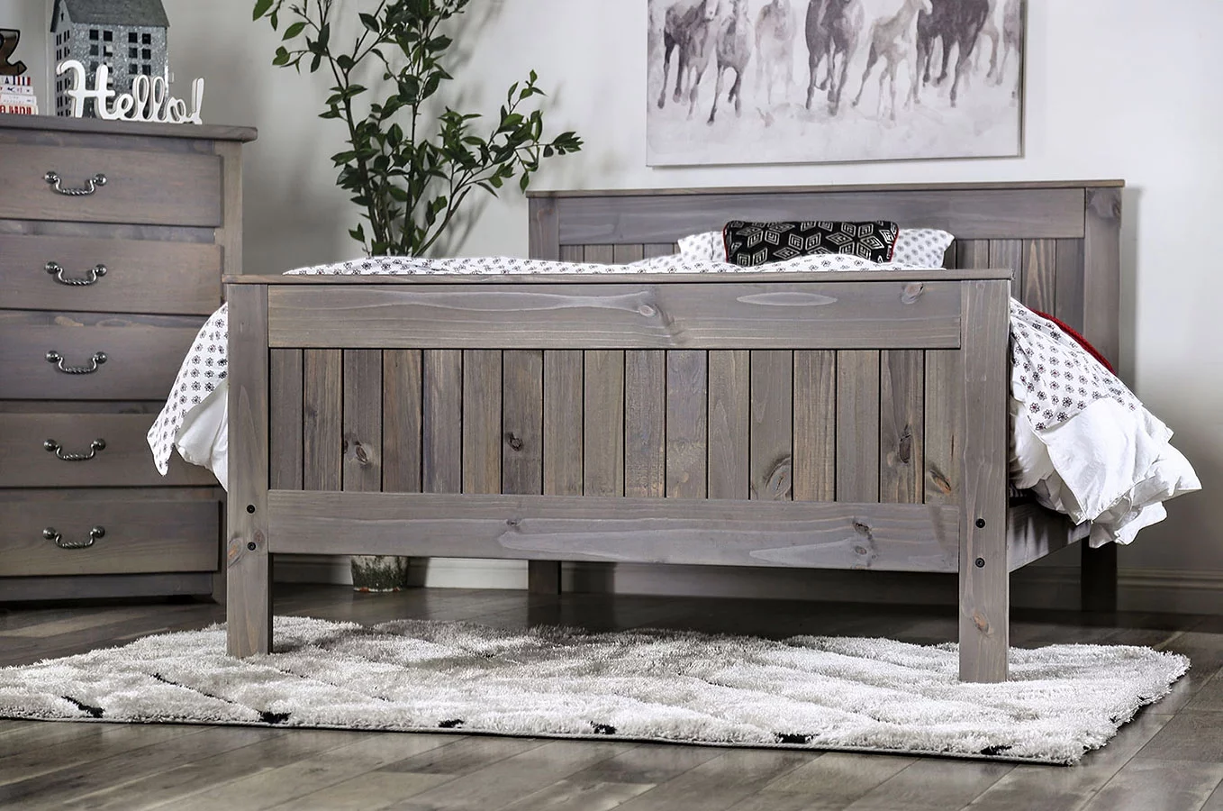Transitional Simple Panel Headboard Footboard Queen Size Bed 1pc Bedframe Weathered Gray Pine Wood Bedroom Made in USA