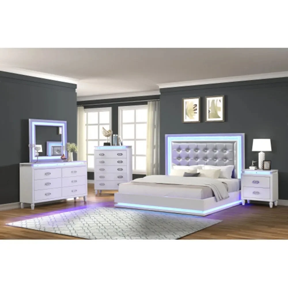 Passion Queen 6 PC Bed Room Set Nightstand Dresser Chest Cabinet Cupboard Forcer Milky White with Led Bedroom Furniture