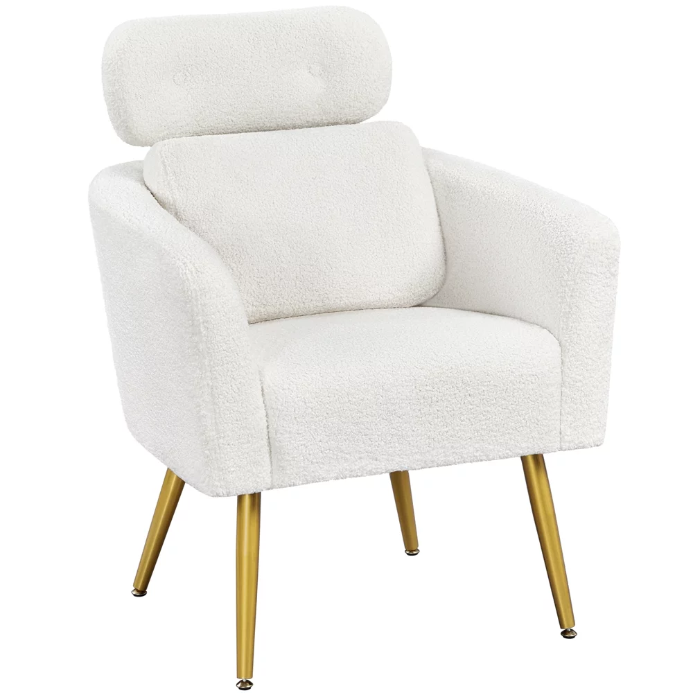 Topeakmart Boucle Accent Chair with Adjustable Headrest & Lumbar Pillow for Living Room, White