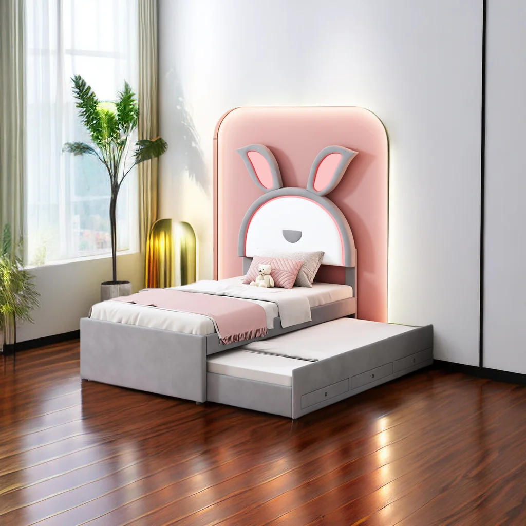 Twin Size Upholstered Platform Bed with Trundle and 3 Drawers, Twin Bed Frame with Rabbit-Shaped Headboard and Embedded LED Lights