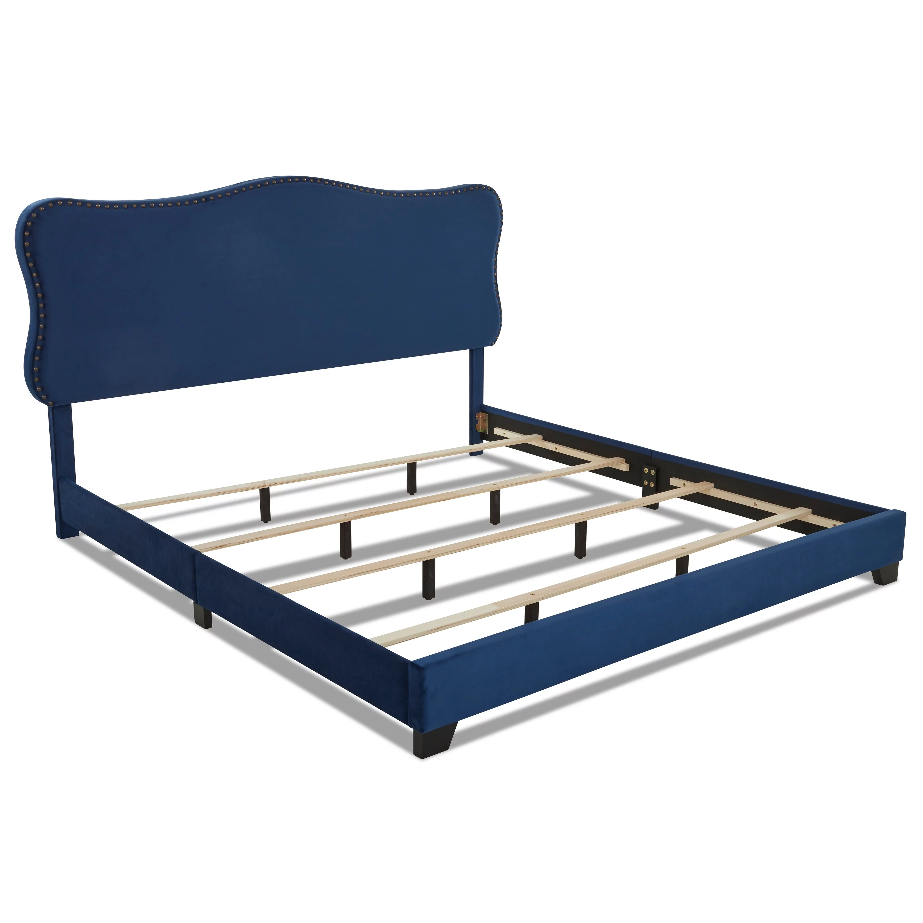 Avenue 405 York Transitional Blue Velvet Upholstered Bed with Scalloped Headboard King