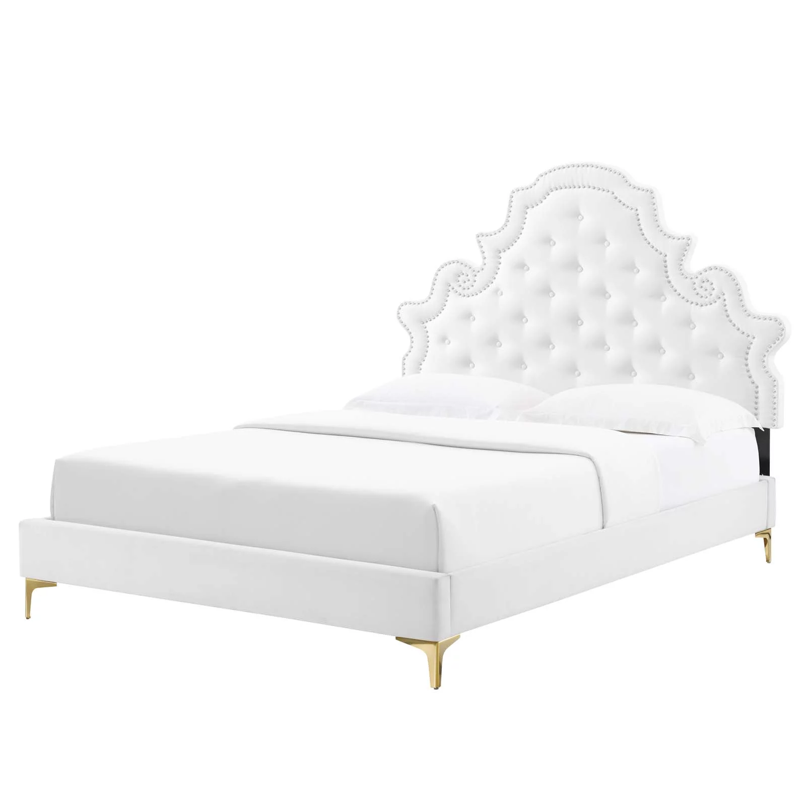 Tufted Platform Bed Frame, Full Size, Velvet, White, Modern Contemporary Urban Design, Bedroom Master Guest Suite