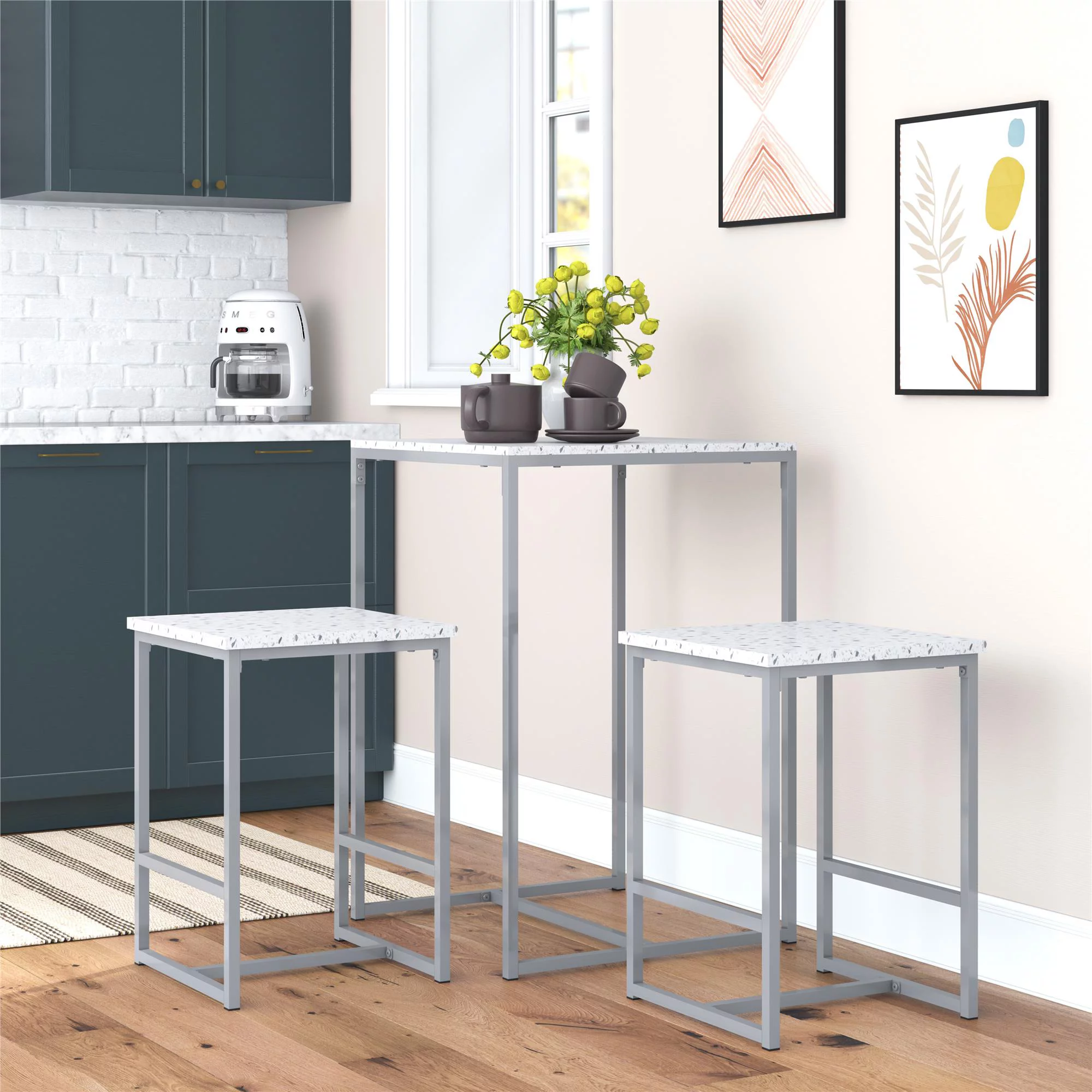 Novogratz Bungalow Bar Height 3-Piece Pub Table and Stools Set with Wood Tabletop and Metal Frame, Gray/White Terrazzo Top