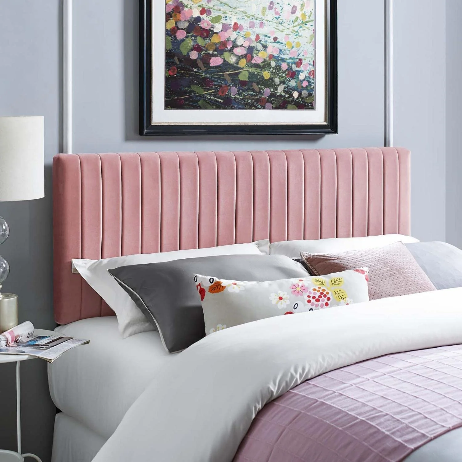 HBBOOMLIFE Keira Channel Tufted Performance Velvet Upholstered Full / Queen Headboard in Light Blue