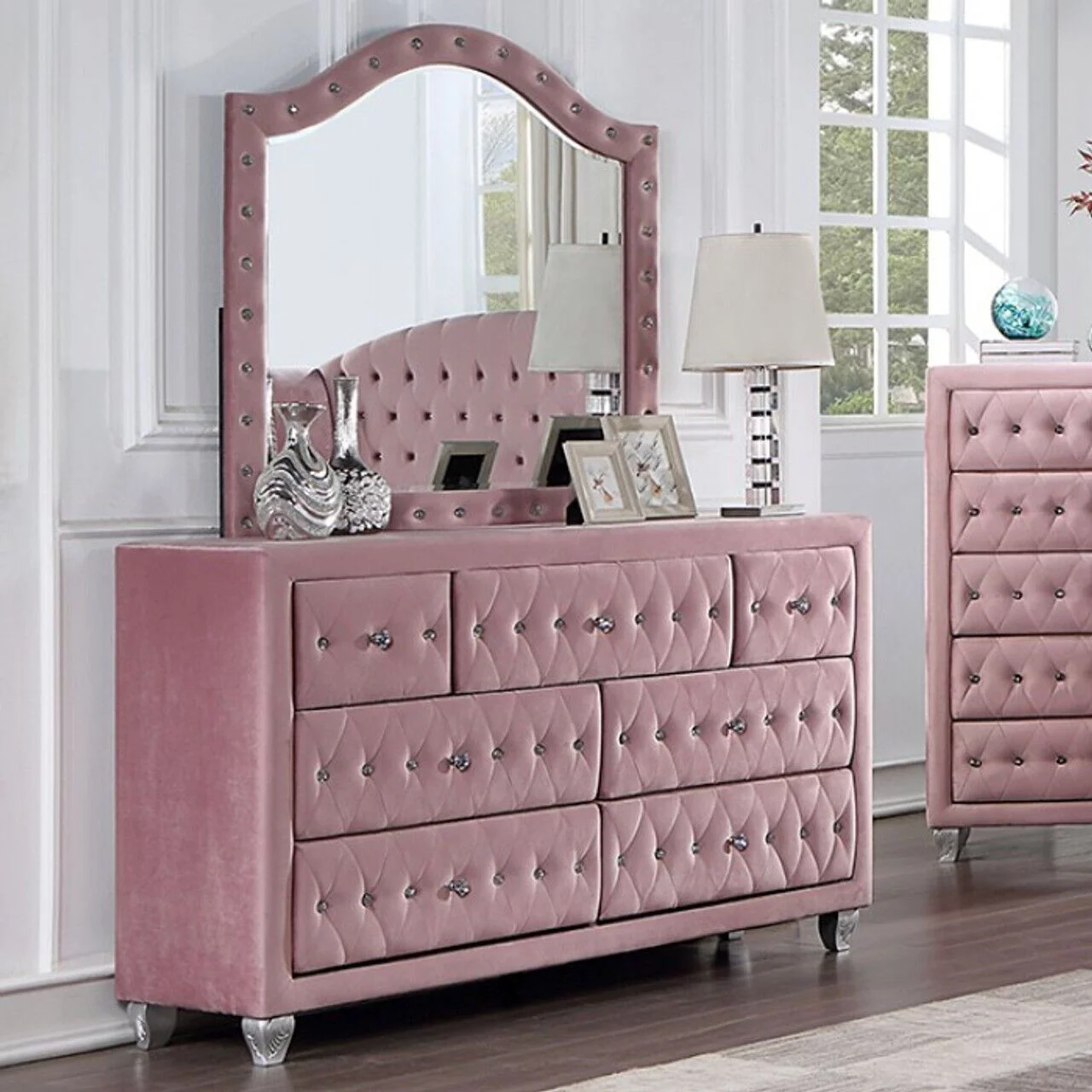 Glam Pink Upholstered Tufted Velvet Like Fabric 4pc Twin Size Bed Set Dresser Mirror Nightstand Bedroom Furniture