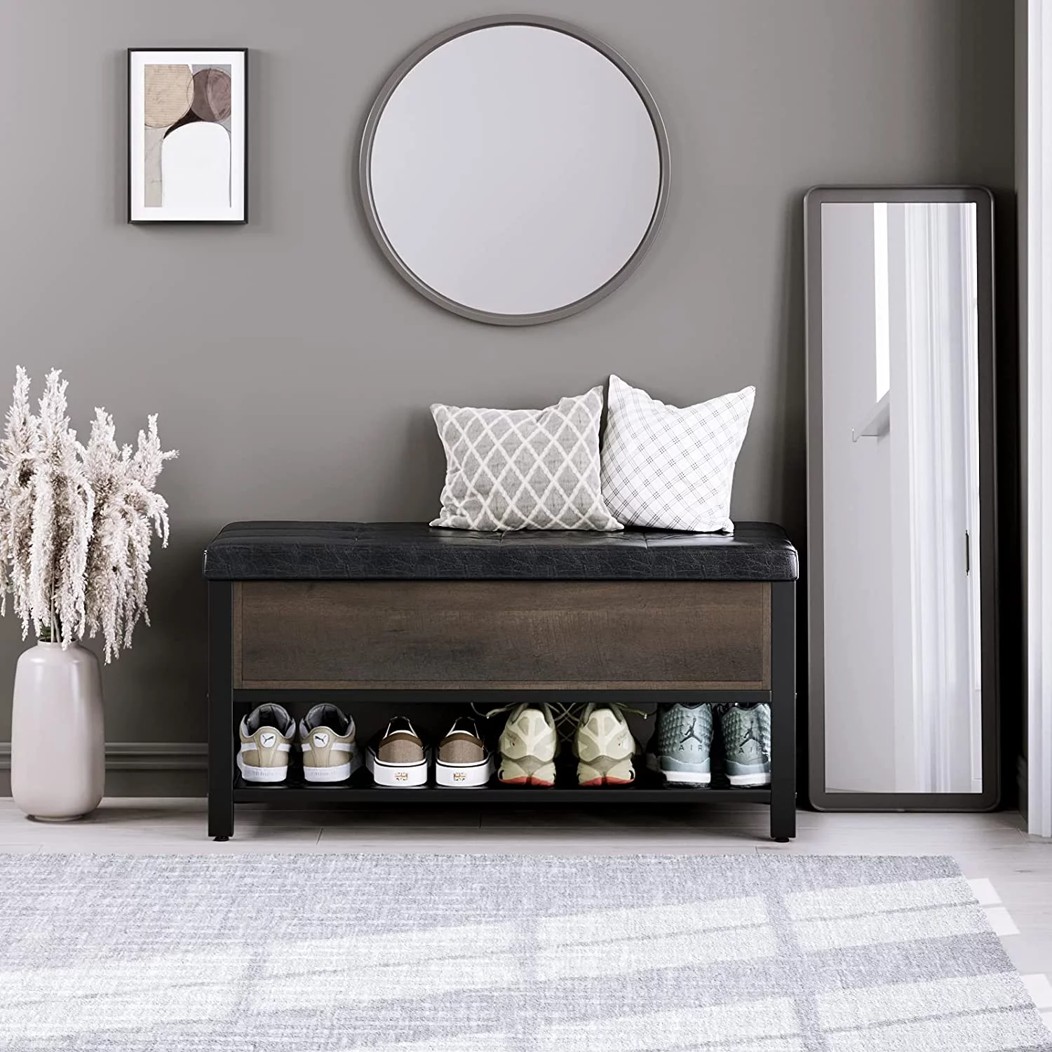 Industrial Storage Bench, Flip Top Long Shoe Bench, Bed End Stool with Leather Padded Seat and Steel Shelf, for Hallway, Foyer, Living Room, Bedroom, Dark Brown and Black Finish