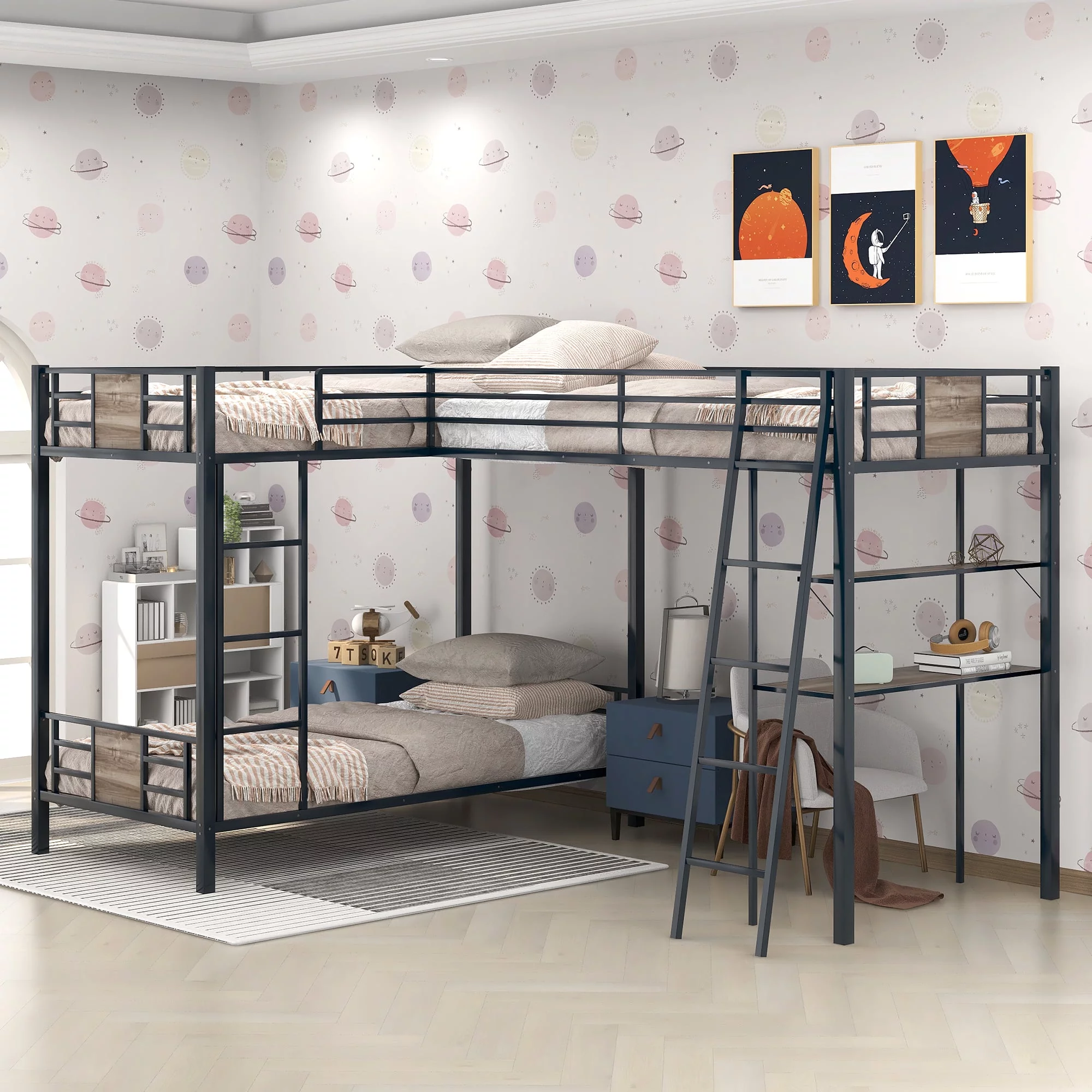 ikayaa L-Shaped Twin over Twin Bunk Bed with Twin Size Loft Bed with Desk and Shelf ,Brown