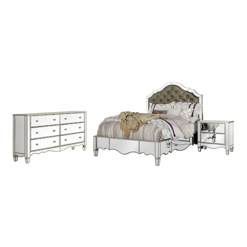 FOA Gavvi Glam 3-Piece Silver Wood Bedroom Set - Cal King + Nightstand + Dresser