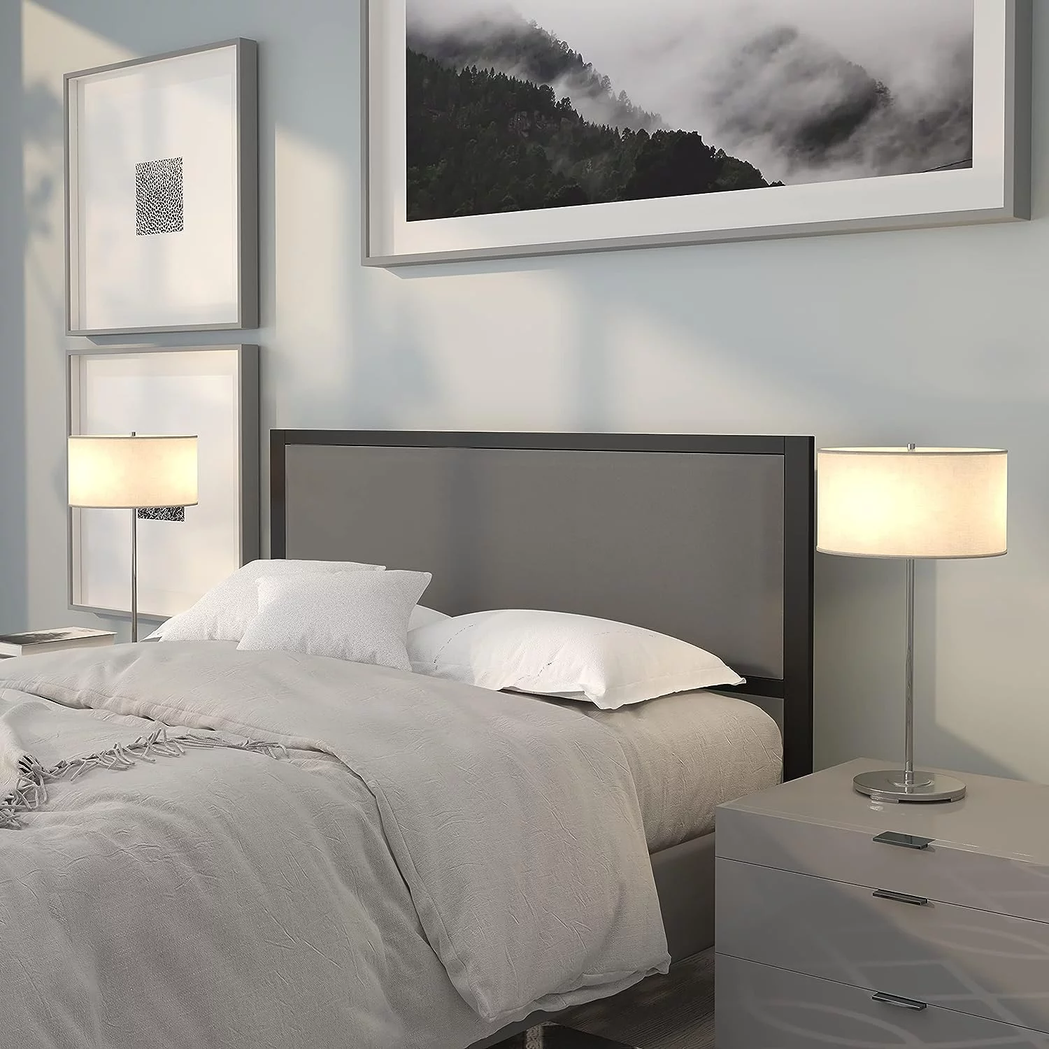 queen size upholstered metal panel headboard in dark gray fabric