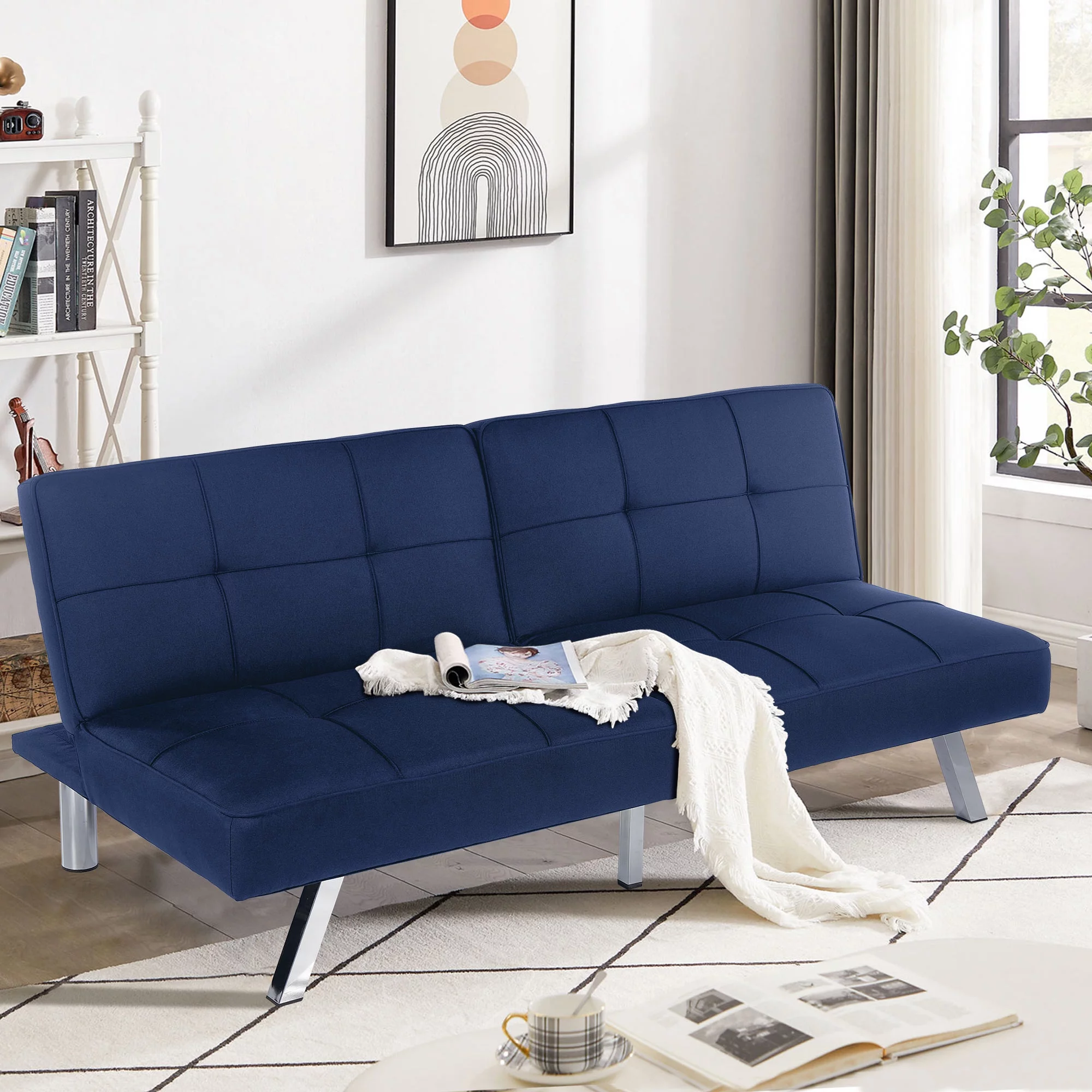 YRLLENSDAN Futon Sofa Bed, Futon Couch Bed with Adjustable Backrest & Metal legs Small Couch for Bedroom Studio Apartment Sofa Bed Couch Futon Convertible Sofa Bed, Blue