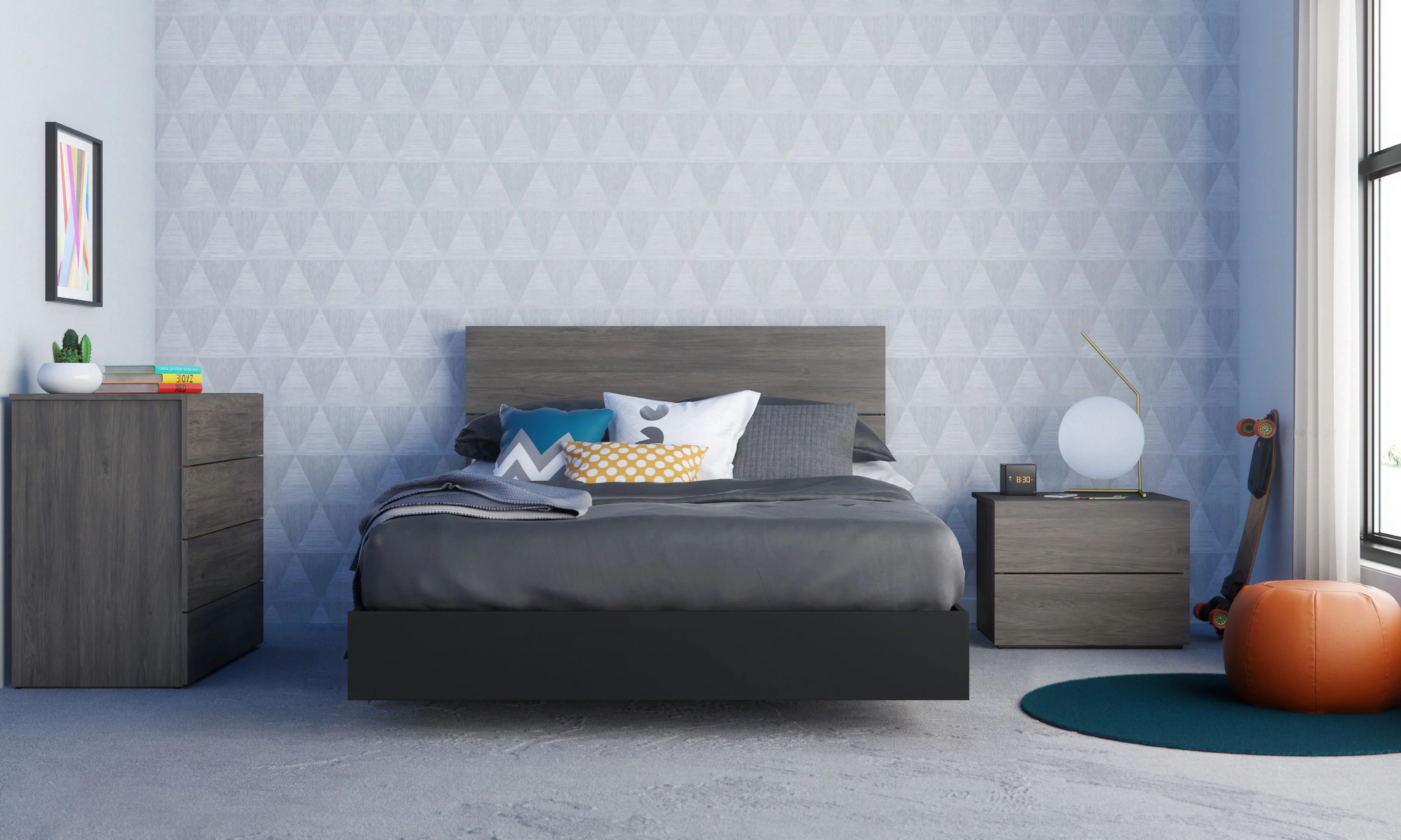 Nexera Apollo 4 Piece Full Size Bedroom Set, Bark Grey and Black