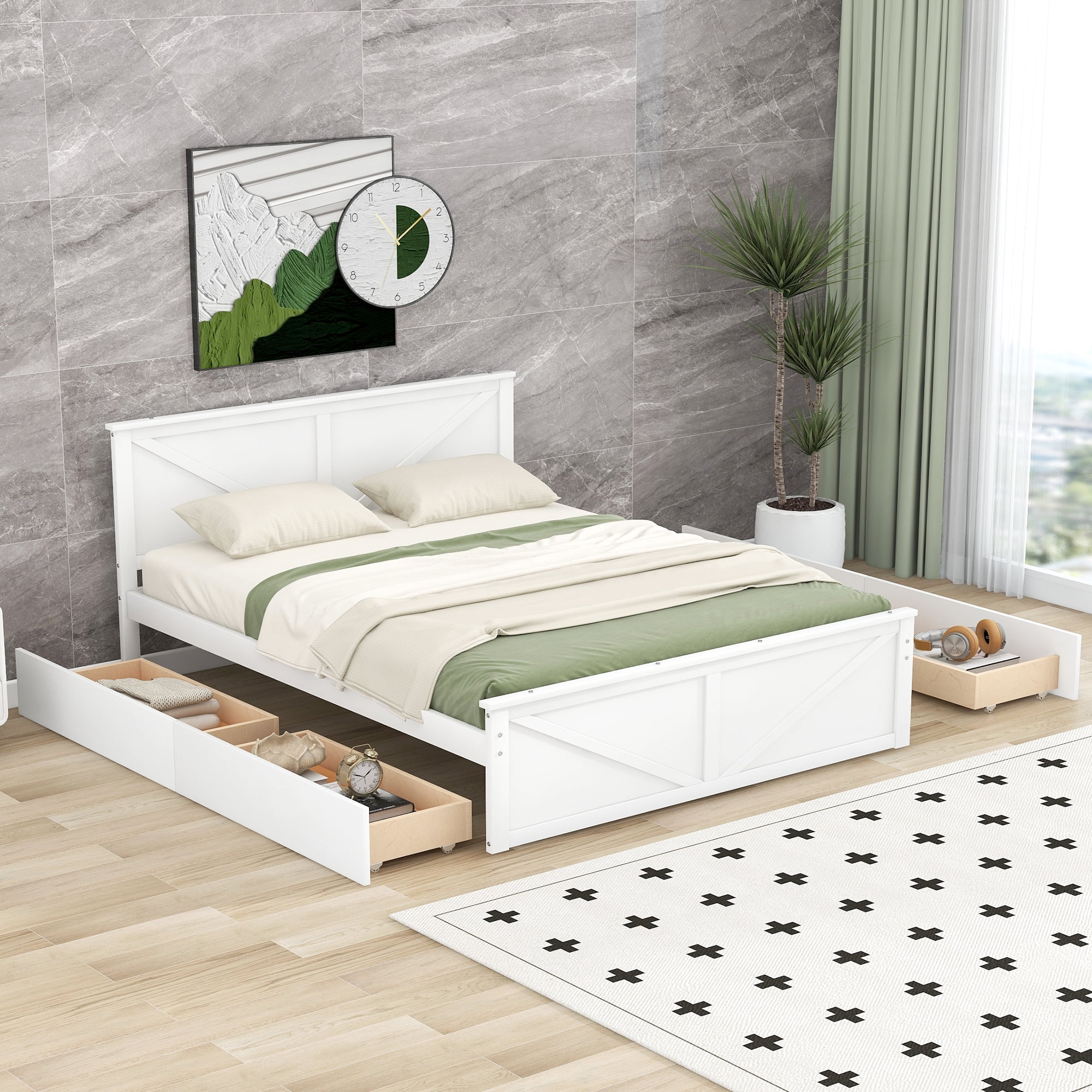 Euroco Pine Wood Queen Size Platform Bed with Four Storage Drawers for Living Room, White