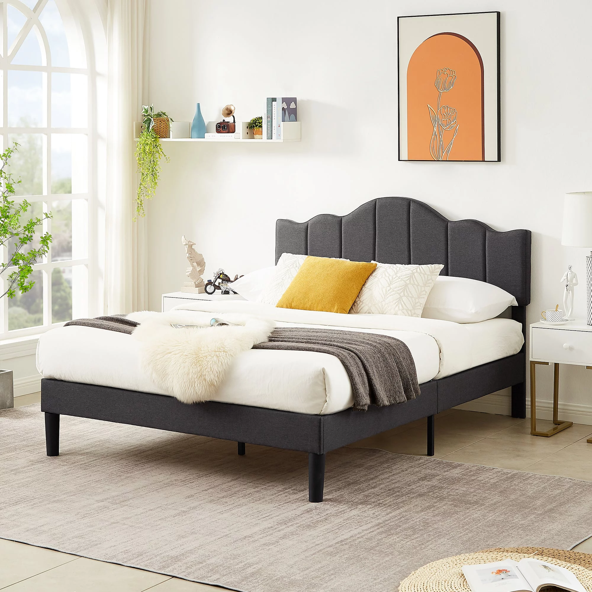 VECELO Queen Size Upholstered Platform Bed Frame With Adjustable Headboard, Sturdy Structure and Wooden Slat Support, No Need For Box Spring, Dark Grey