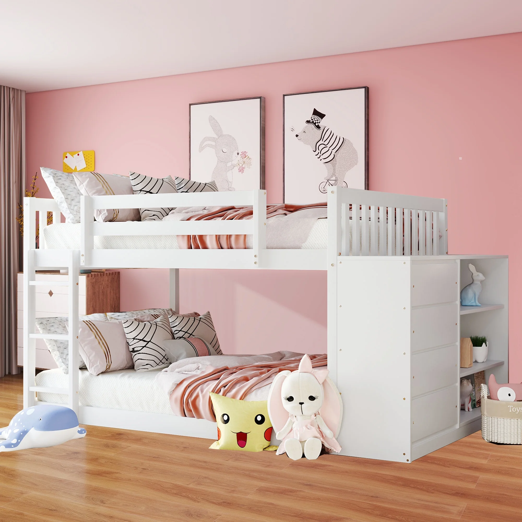 Full Over Full Bunk Bed with Storage Cabinet, Wooden Floor Bunk Bed Frame with 4 Drawers and 3 Shelves for Kids Girls Boys, Teens, Adults, White