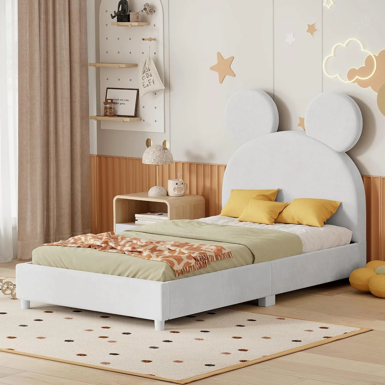 Size Upholstered Bed With Bear Shaped Headboard, Low Platform Bed Frame For Kids, Velvet Daybed With Slats Support For Girls Boys Tees, Blue