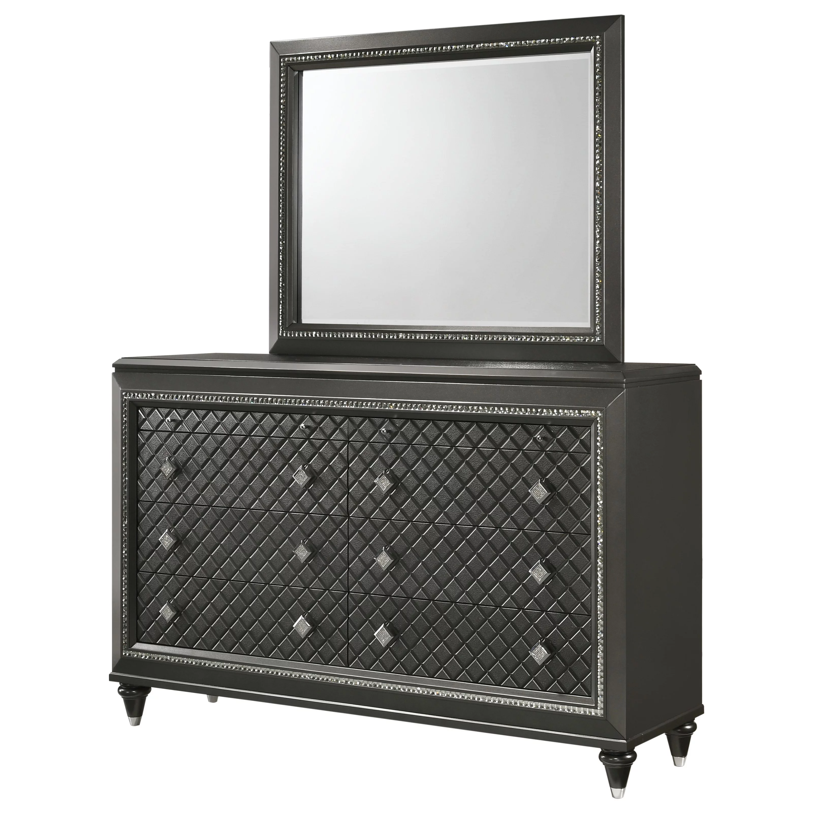 Contemporary 4pc Queen Size Bedroom Set Grey Upholstered Bed Dresser Mirror Nightstand Furniture
