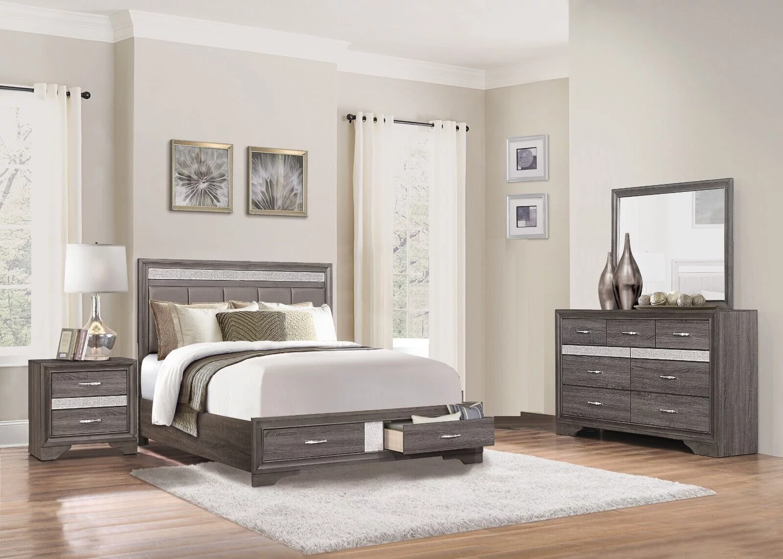 Unique Style Bedroom 5pc Set Platform King Bed with Drawers Nightstands Dresser Mirror Modern Gray Finish Wooden Furniture