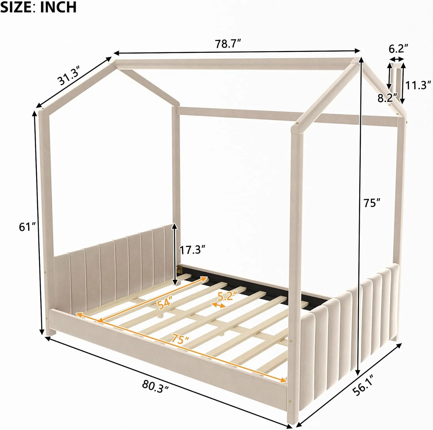 Full House Bed For Kids, Velvet Montessori Floor Bed With Roof, Wood Full Size Bed With Headboard And Footboard For Girls, Boys, No Box Spring Needed (Beige)